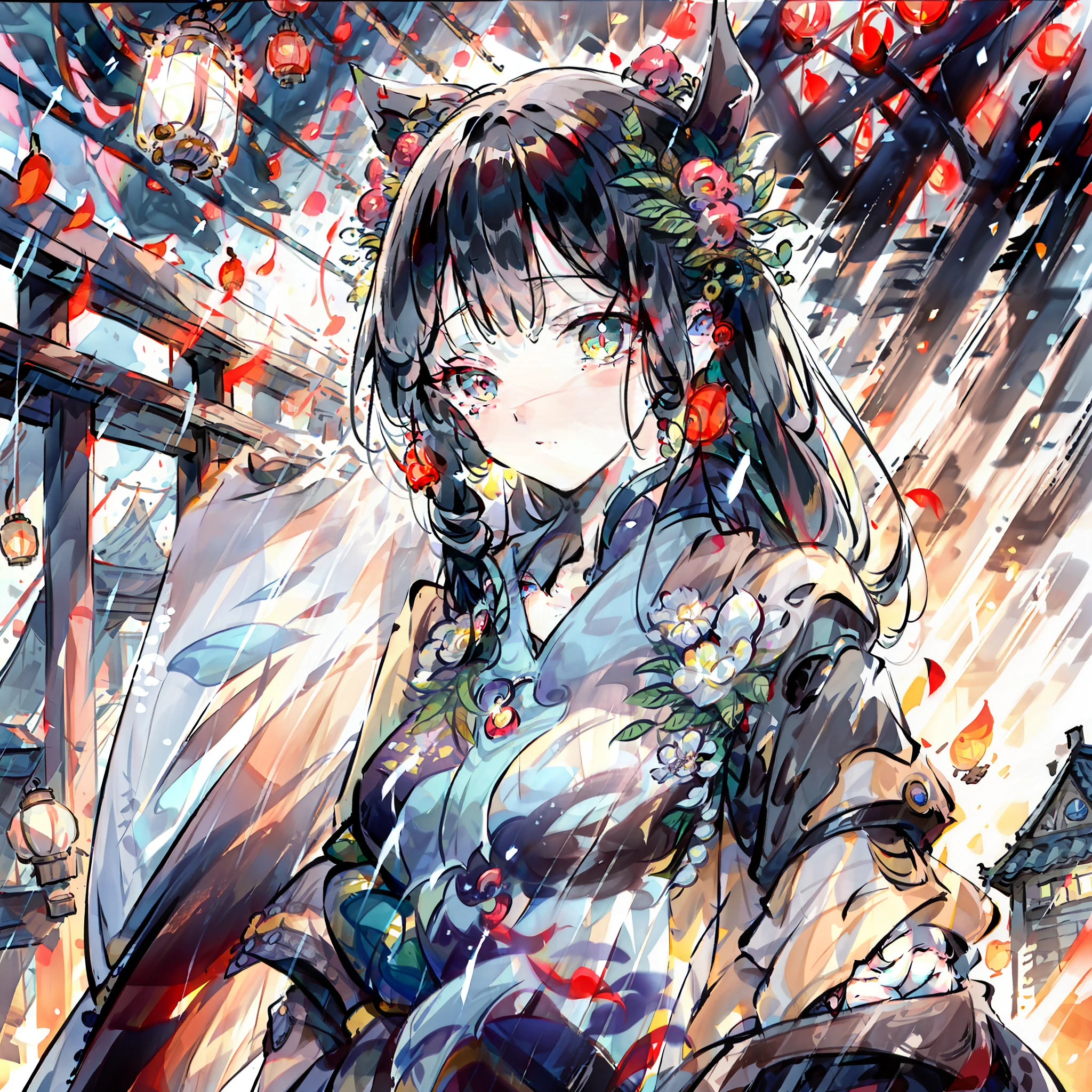 A girl in costume with a sword,Stand on the covered bridge,Underwear rain,Atmospheric night scene,beside the Qinhuai River, lanterns, foggy and rainy, Facing the camera, Face Close-Up, front perspective, a beautiful ancient Chinese girl standing by the river, exquisite face, Exquisite clothing, silk, epic style, Elegant backgrounds, High resolution, great clarity, accurate colors, lifelike colors, high fidelity flawless quality, super-detail, Detailed characters, High contrast, Lifelike, Extremely detailed, Panoramic View, cinematic feel