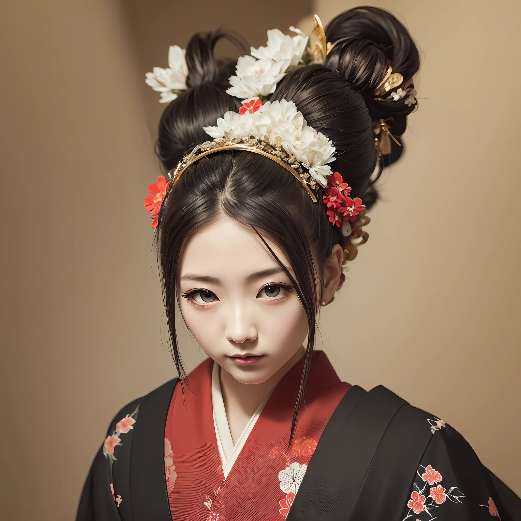 Japanese style painting, ukiyo-e, ink art, a super beautiful woman with mysterious sharp slit eyes, white long ponytail hair, high resolution, highest quality, super high quality, super detail, ultra realistic, photorealistic --auto