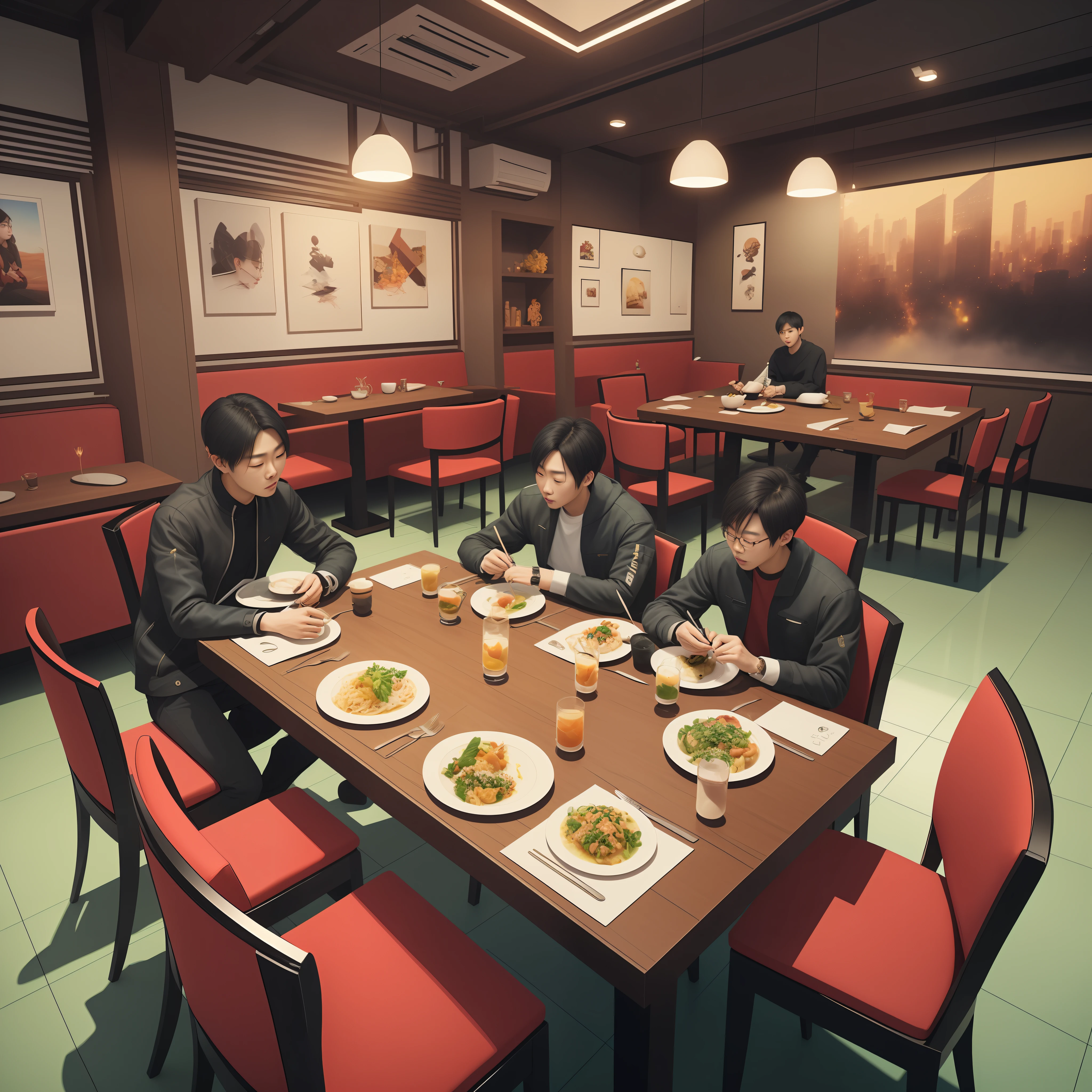 there are four people sitting at a table eating food, Direction: Fei Danxu, inspirado em Rudy Siswanto, Direction: Ni Yuanlu, inspirado por Kim Hwan-gi, realista estilo 3d, inspirado por Kim Eung-hwan, Direction: Galen Dara, fotorrealista!!!!!!! estilo de arte, Cinematic. por leng jun, arte realista, estilo de arte fotorrealista