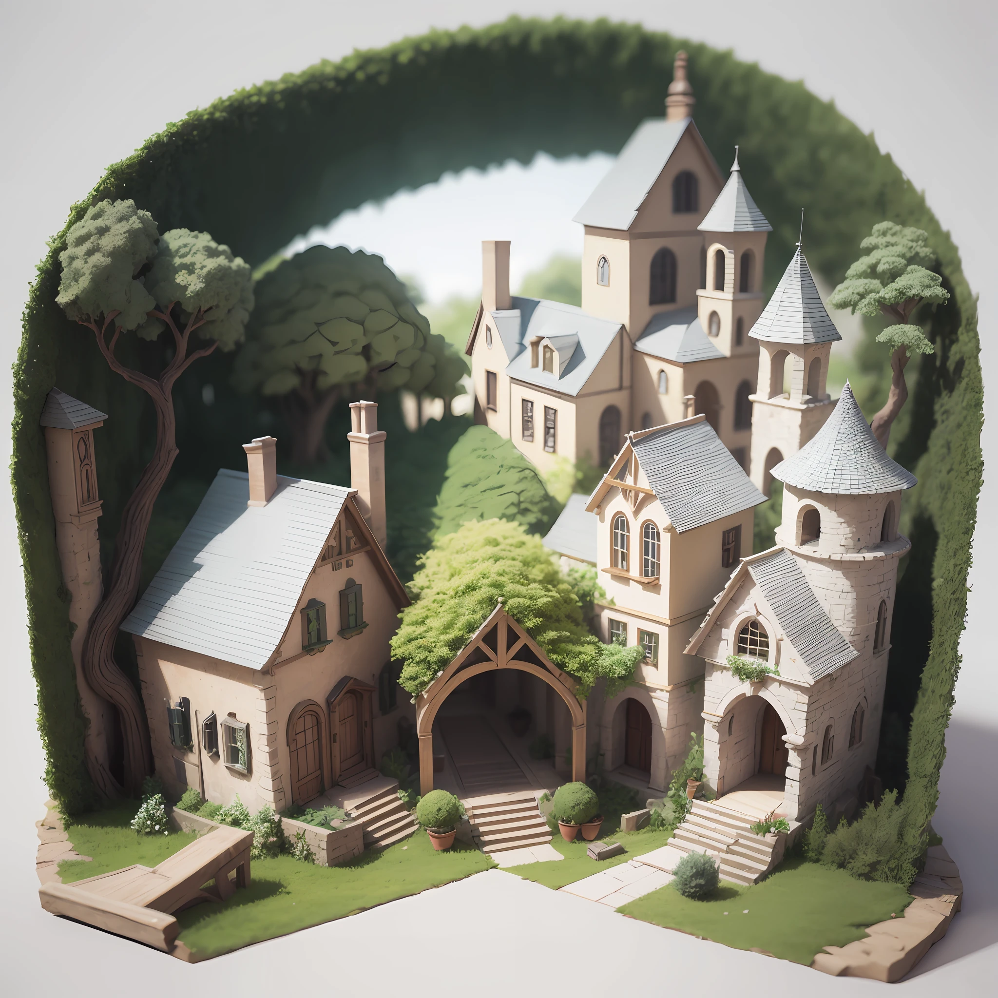 Ancient medieval village, integrating three-dimensional paper sculpture and creating art on paper, using stereoscopic 3D rendering technology, gradient color matching from white to green, using 4K resolution, using simple and natural composition, and using white in the background, presenting a fresh and wonderful natural style. (:nature:) --auto