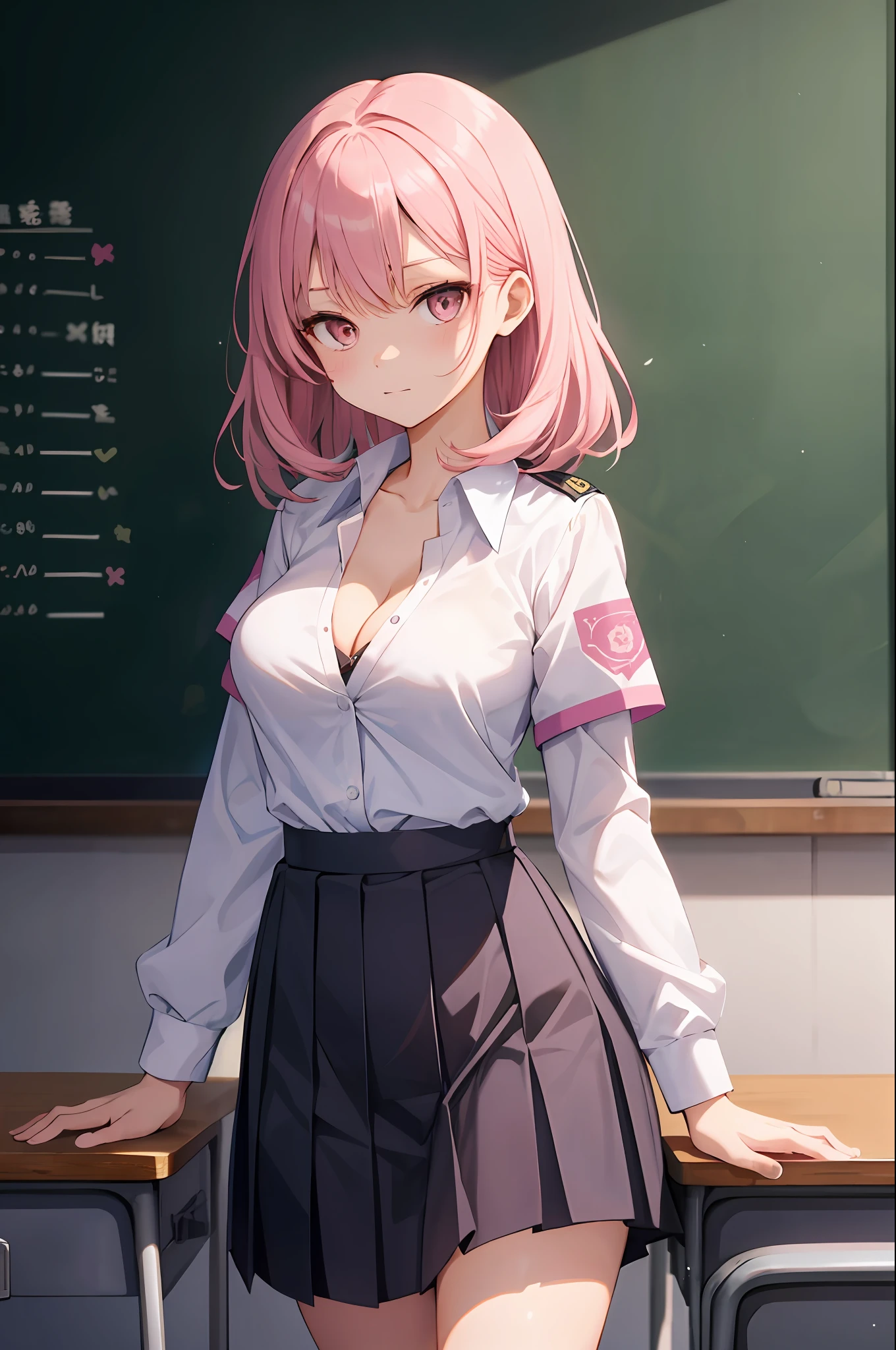 A Masterpiece, maximum quality, fine detail, a 1girl, pink_rose髪, Pleated skirt, (uniforms),, breast cleavage, classroom,Draw your subject in detail