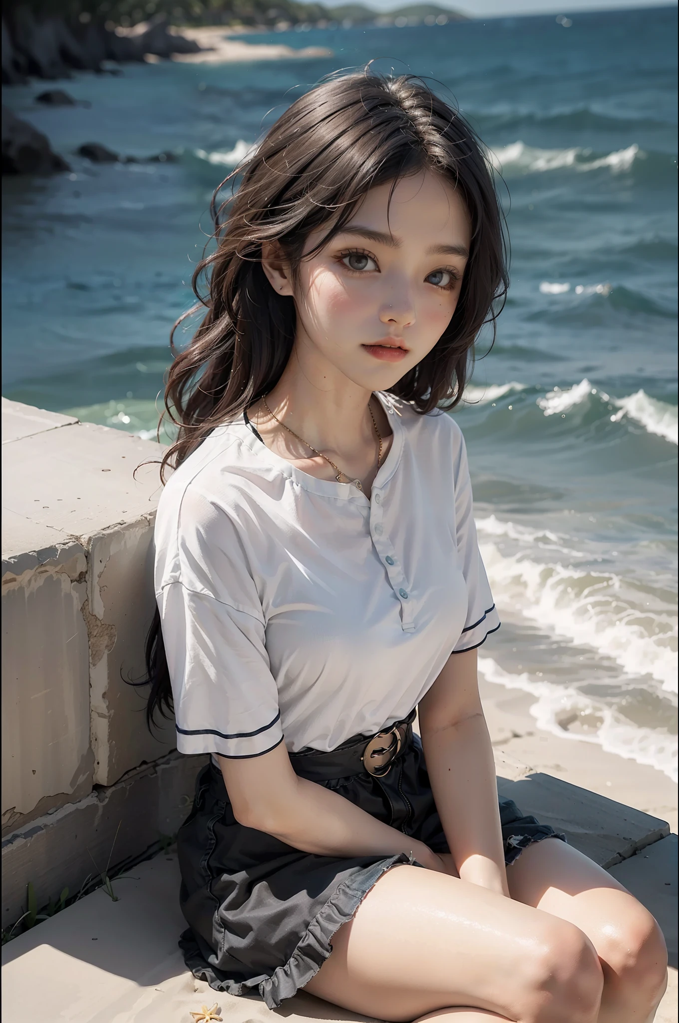 best qality,Jeizuo,super high resolution,(fidelity:1.4),original photo,1girl,Above the waist,Sit,Deep shadows,dark theme,out door,beach