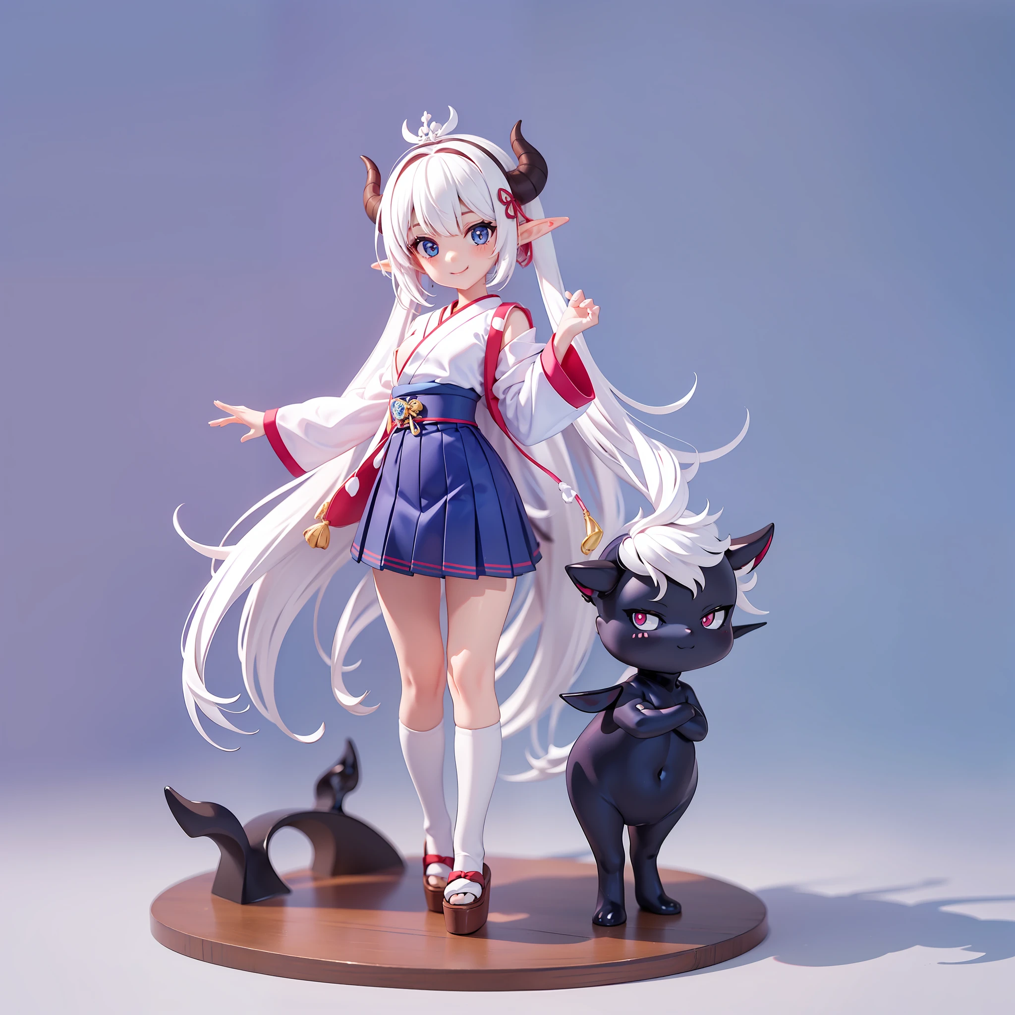 demon anime menida, white hair, short hair, with small horns, dark blue japanese school outfit anime, dark blue japanese school skirt anime, pink tie, pink socks, black skin, gray skin, dark skin, red and blue eyes, elf ears, girl, high school girl, small girl, cute, smile, cute pose, big eyes, small breasts, anime style, cute,  smiling, cute pose, 2d style, (((full body)))