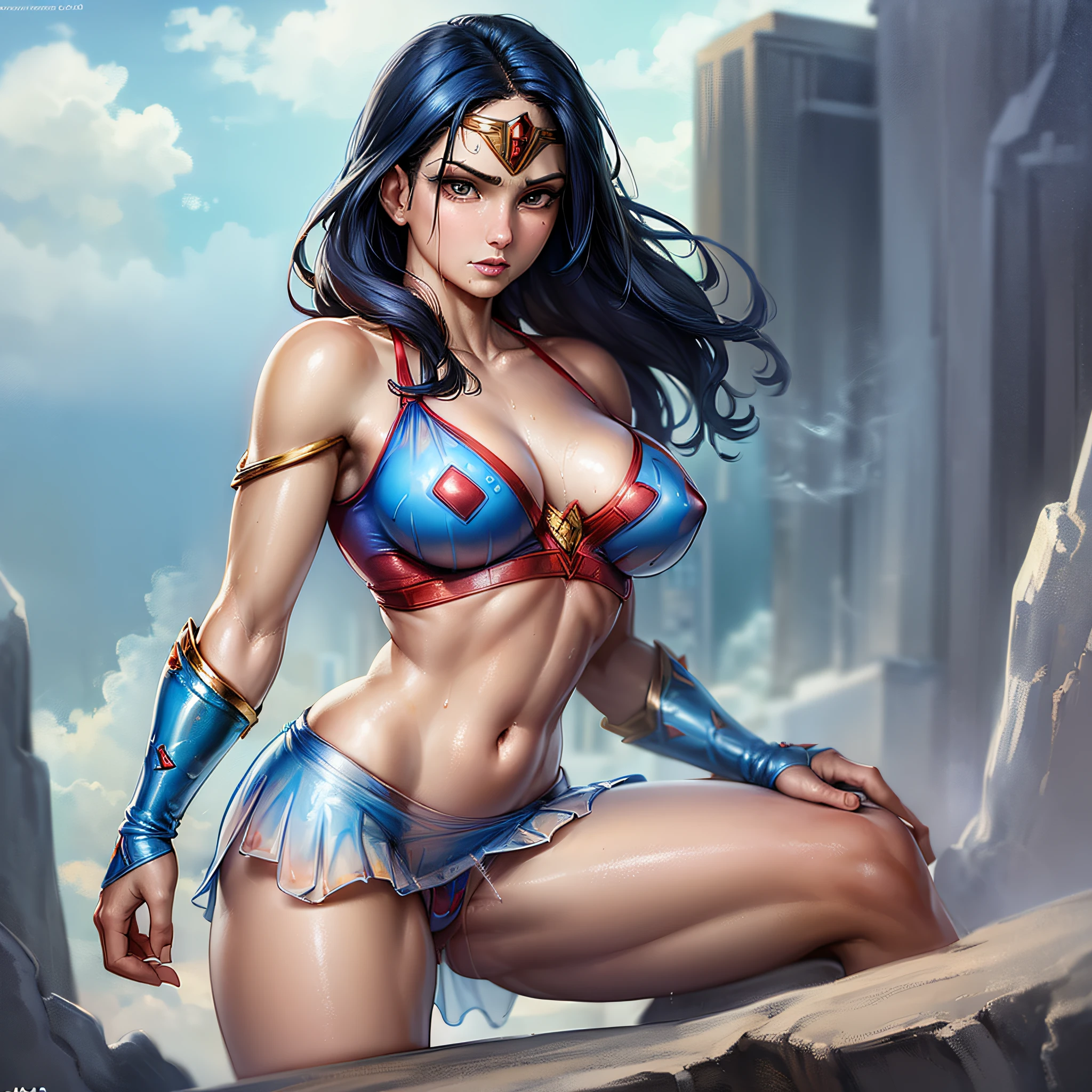 A closeup of wonder woman standing on a rock, extremely detailed transparent artgerm, transparent comic artgerm, using blue and red alloy, (using, ((vaporous:1.2) (transparent:1.2) (white: 0.6) (chiffon) (crop top) grasped (wet: 1.4) skin): 1.2))), large and detailed breast beak