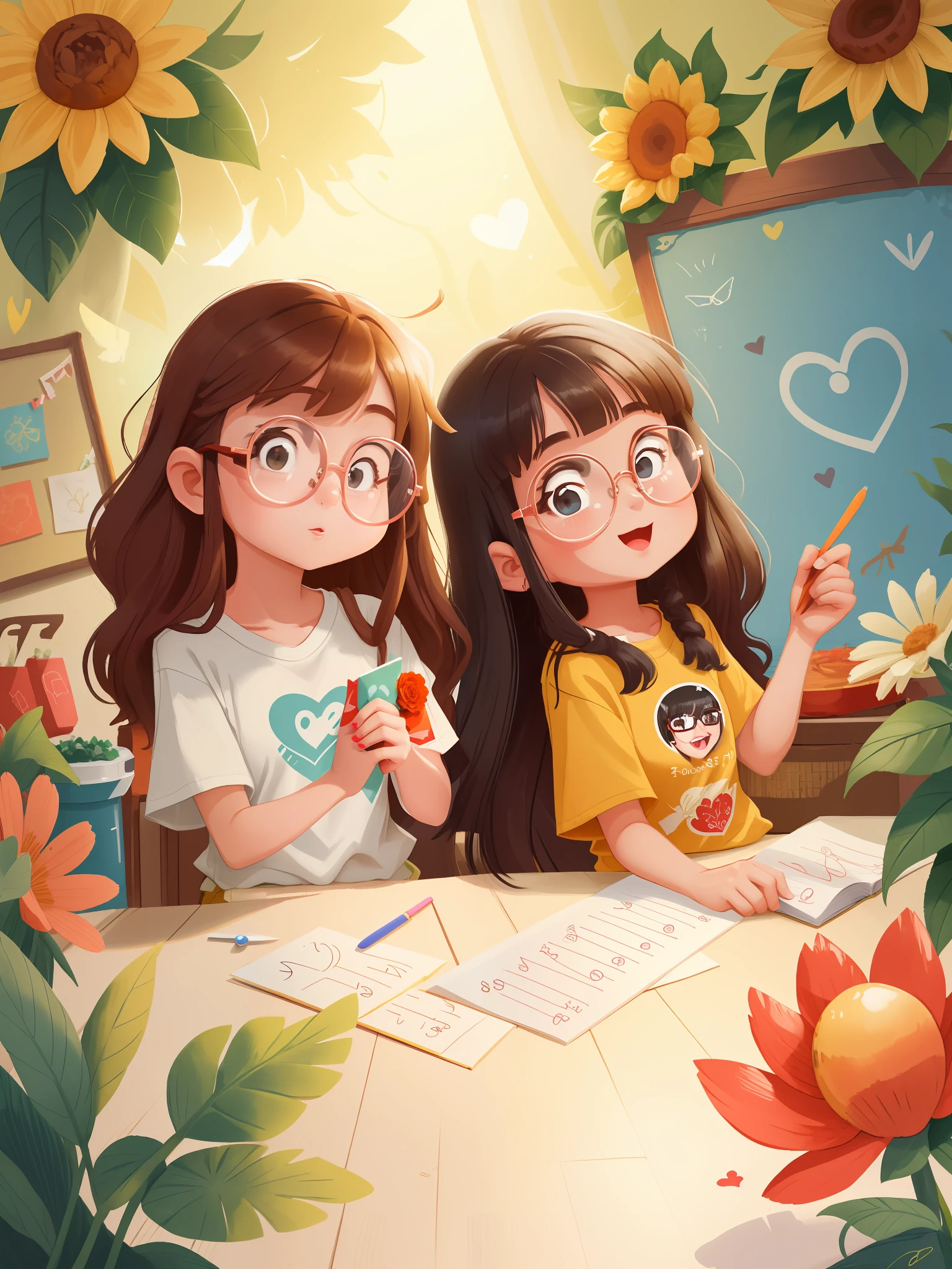 Two girls with long hair,Wear shirts and trousers,The girl on the left has long straight hair and glasses,The girl on the right has long bangs,Let's do heart-shaped crafts together,Have fun,Convivial atmosphere,Sunny,In a sea of flowers,Masterpieces,Ridily details,Ultra-wide lens
