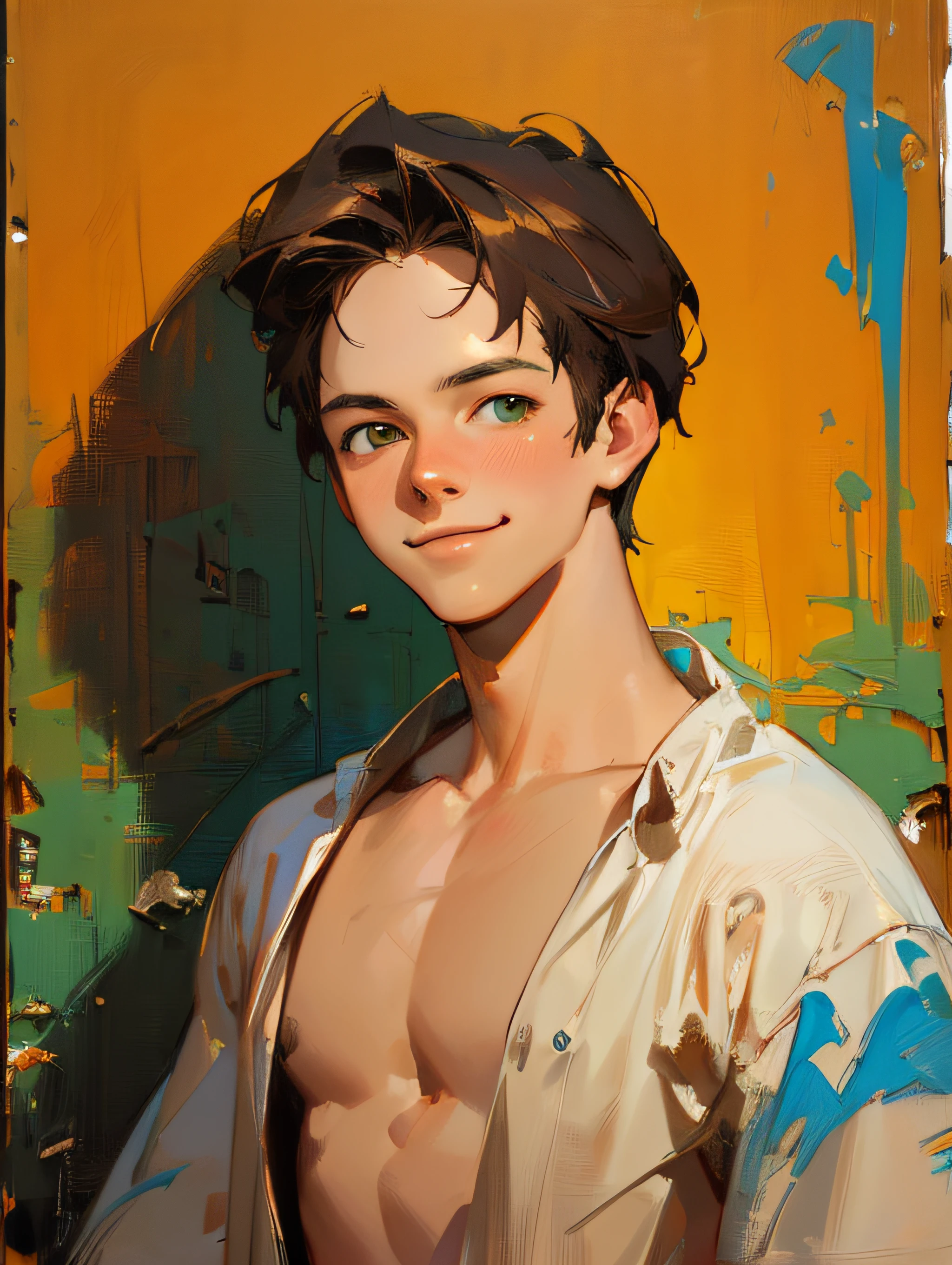 One-person portrait of shirtless actor Michael J. Fox in Back To The Future, beautiful young (((18 years old))) man, cheeky smile, nsfw, impression , ((oil painting by John Berkey)) brush strokes, negative space, green and orange tone