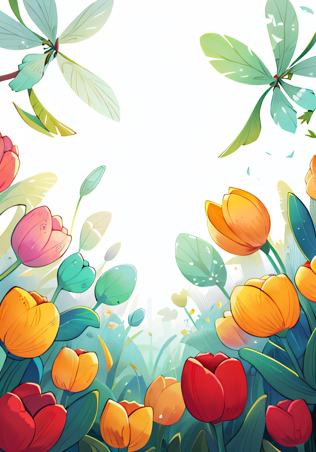 Many tulip flowers surround the picture