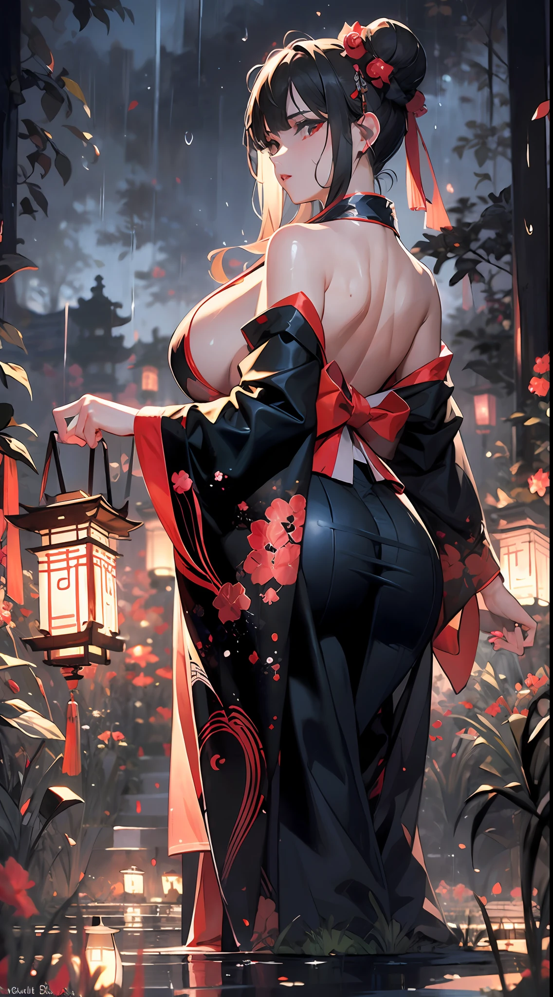 (Masterpiece:1.2), Best quality,Realistic,Full body close-up，Tyndall effect,1girle, Lantern, Rain, solo,Chinese wind ,Sexy Hanfu, stands, Fabric panels，Outdoors, night, hair buns, paper lantern, black kimono, single hair bun, scenery, Water, From behind, Wide sleeves, artist name, holding, long sleeves ghostdom,chubby，Huge breasts，Oil body，Sensual body，Plump body，