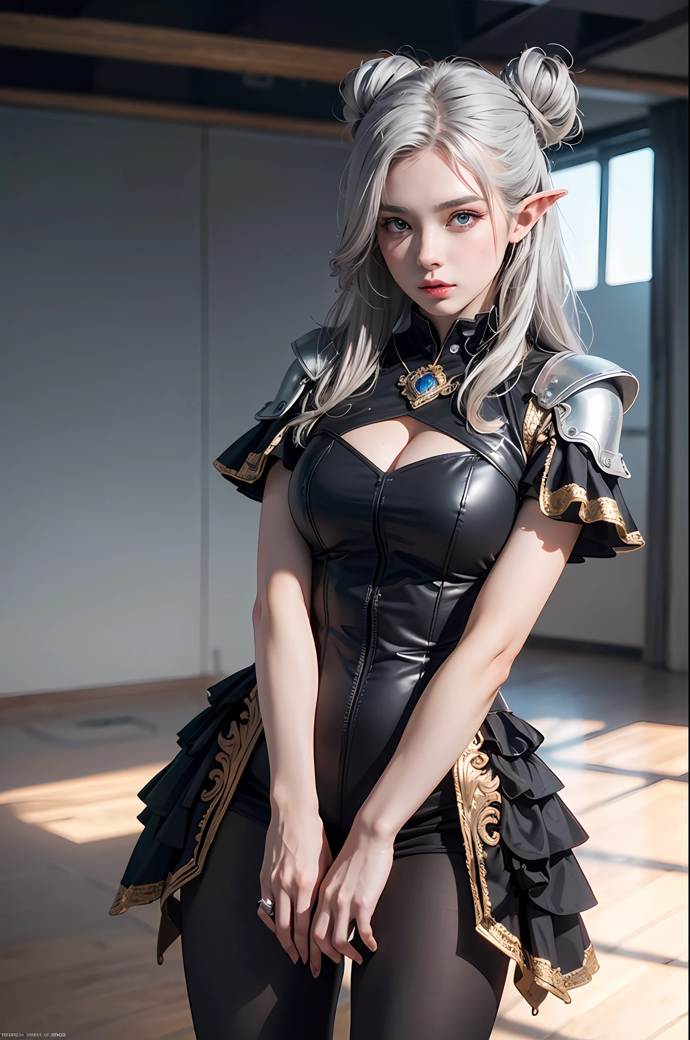 ((Best Quality)), ((Masterpiece)), (Details: 1.4), 3D, A Beautiful Elven Fantasy Style Female Figure, ((Long Silver Hair, Bun: 1.9)), (Metal Tights: 1.4) (Western European Medieval Style, Metal Temple, : 1.6), Metallic Sequins, Fantasy Style, Close-up of Face, Extremely Normal Hands, Extremely Normal Legs, HDR (High Dynamic Range), Ray Tracing, NVIDIA RTX, Super-Resolution, Unreal 5, Subsurface Scattering, PBR Textures, Post Processing, Anisotropy Filtering, Depth of Field, Maximum Clarity and Sharpness, Multi-layer Textures, Albedo and Highlight Mapping, Surface Shading, Accurate Simulation of Light-Material Interactions, Perfect Proportions, Octane Render, Two-Color Light, Large Aperture, Low ISO, White Balance, Rule of Thirds, 8K RAW,