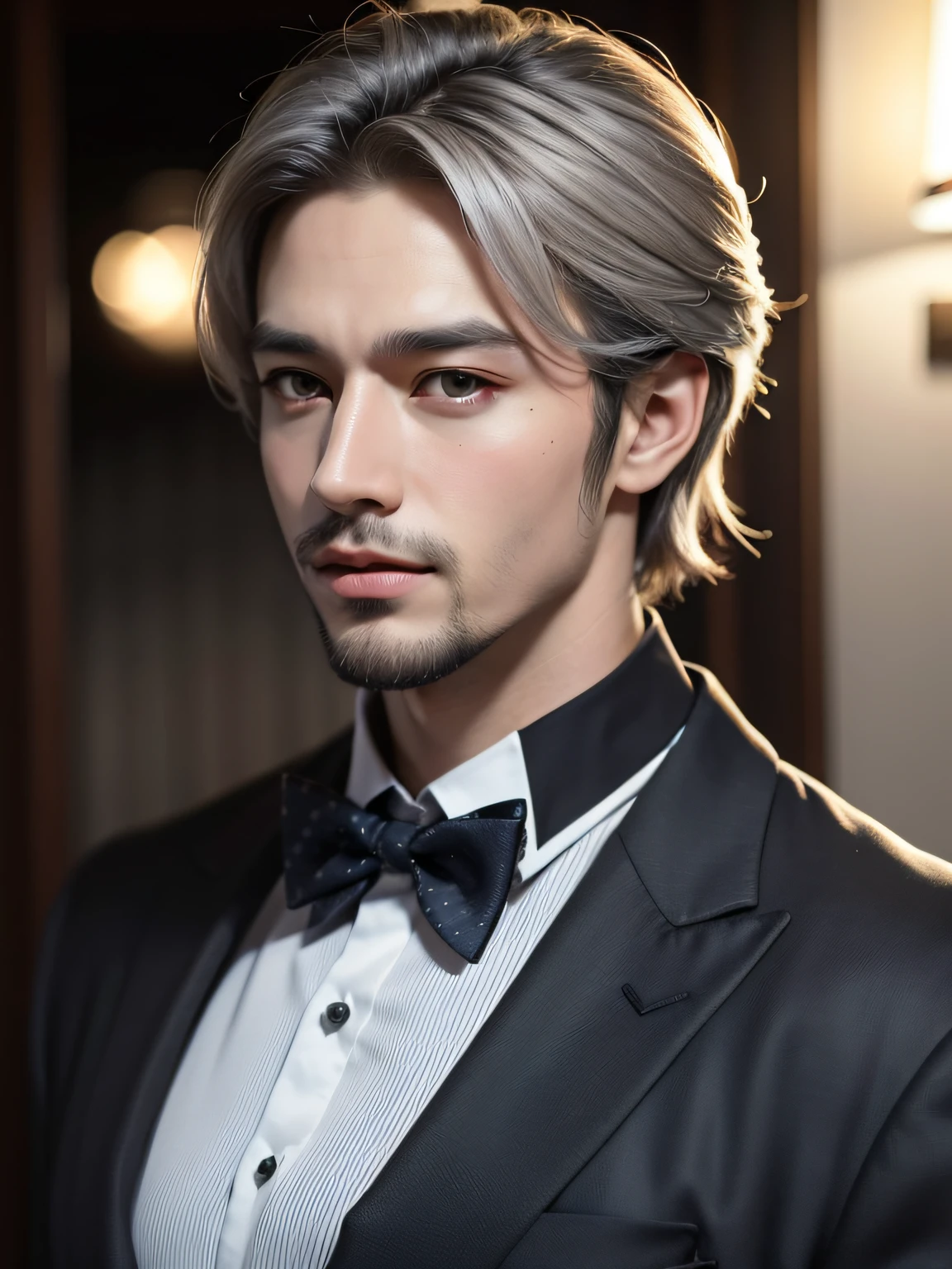 best qality,Jeizuo,super high resolution,(fidelity:1.4),Original photo,Handsome uncle,Facial hair,of silver hair,Business suit