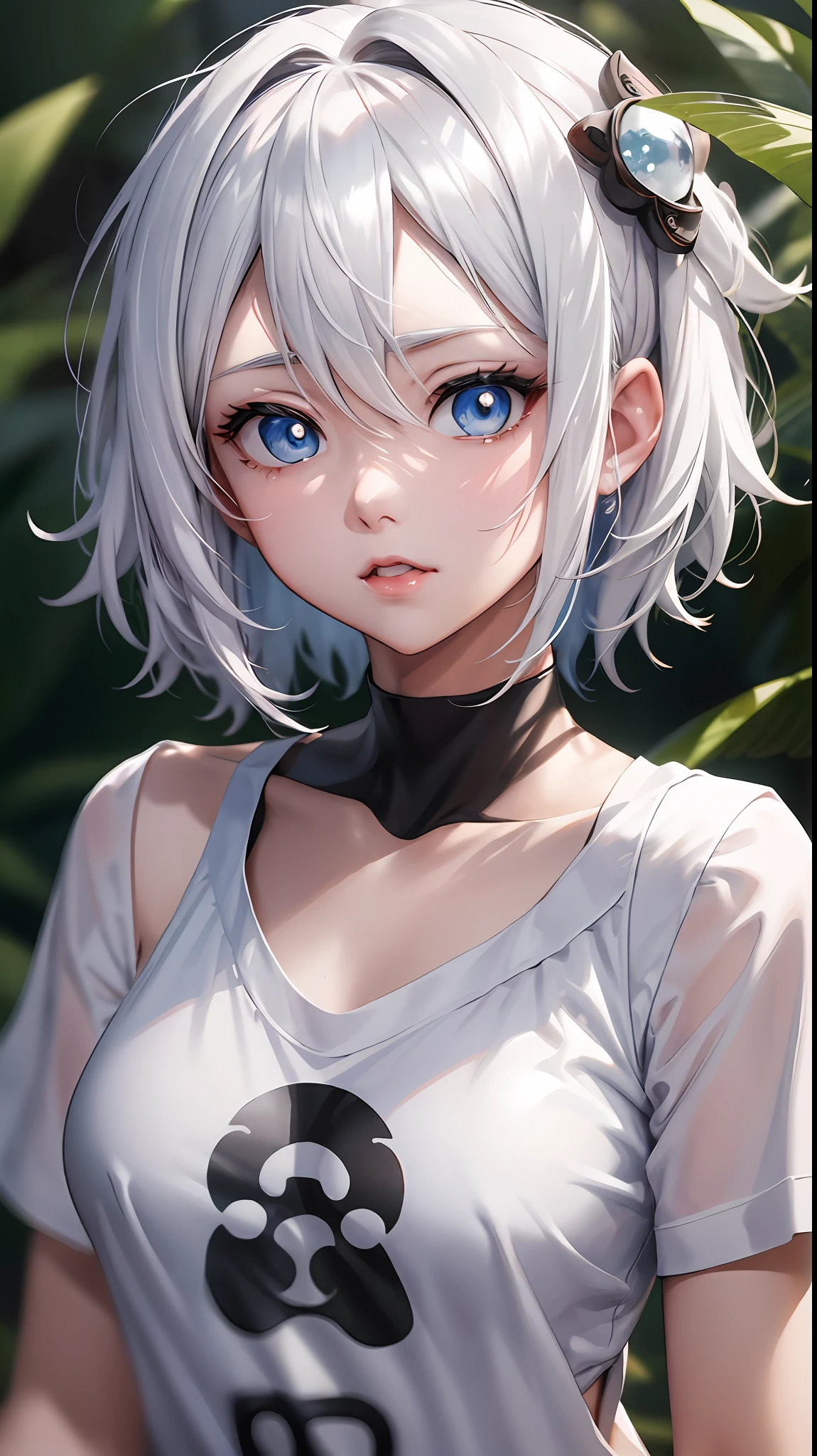 Yoha No. 2 Type B，1girl，wlop，（Blindfolded），cleavage cutout，clothing cutout，Green background，Hair between the eyes，hair band，high res，Juliet sleeves，long sleeve，nier（series），nier automata，Fluffy sleeves，Red lips，shaded face，a short hair，solo，turtleneck，upper half body，with white hair，sky