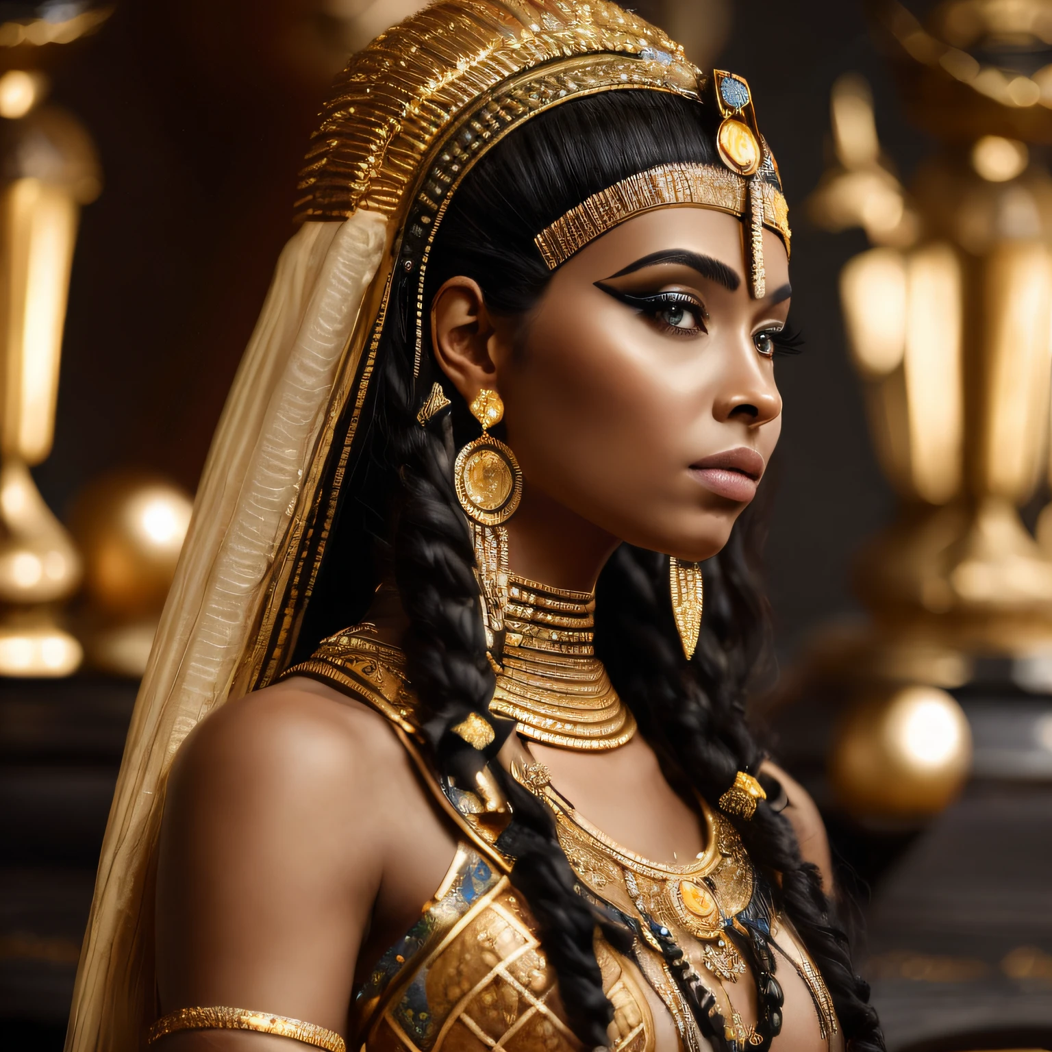 (Cleopatra) (recriar) (face image) (melhor qualidade) (ultra realista) (8k) (olhos negros) (cabelos longos negros) (brincos de Ouro) (Period adornments) --auto