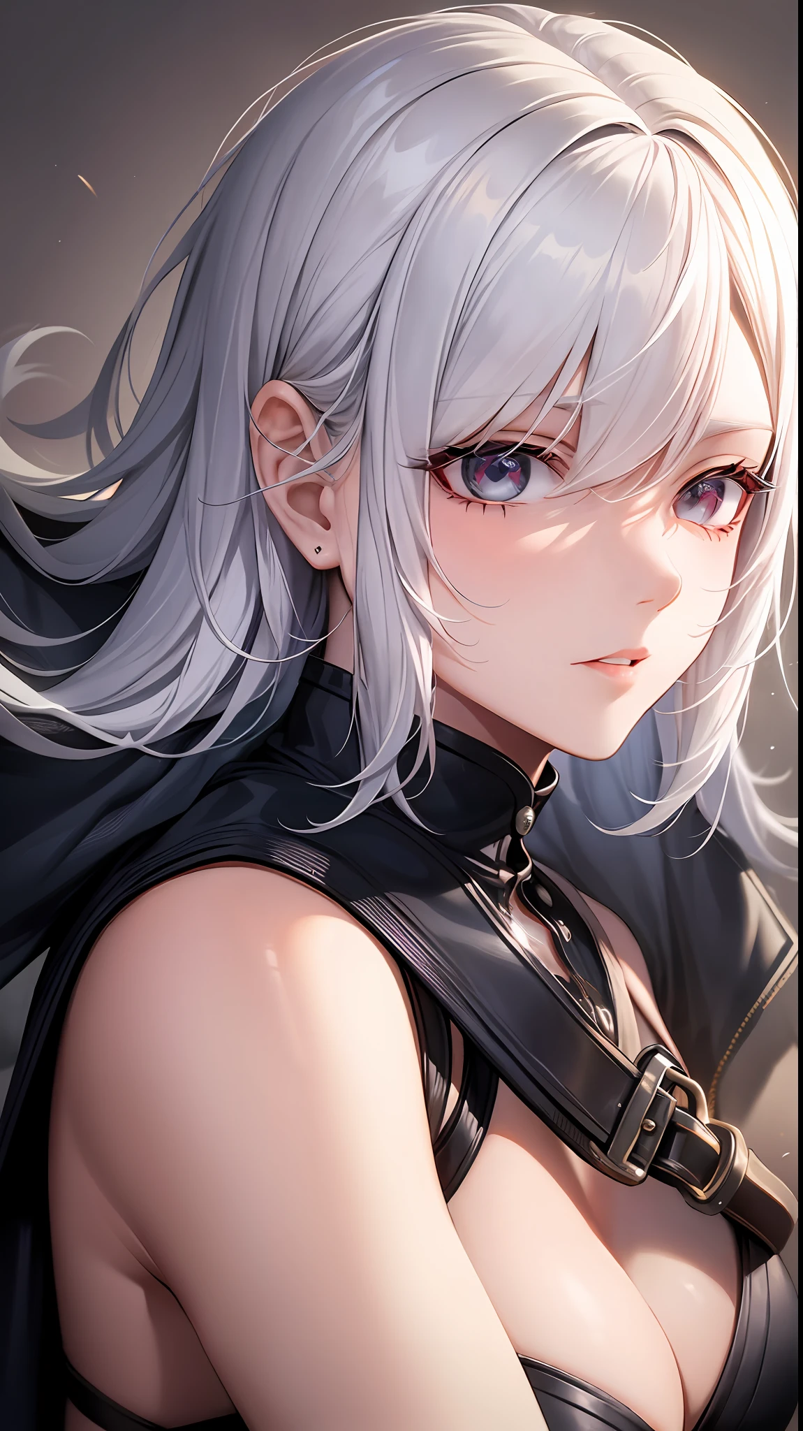 Yoha No. 2 Type B，1girl，wlop，（Blindfolded），cleavage cutout，clothing cutout，Green background，Hair between the eyes，hair band，high res，Juliet sleeves，long sleeve，nier（series），nier automata，Fluffy sleeves，Red lips，shaded face，a short hair，solo，turtleneck，upper half body，with white hair，sky