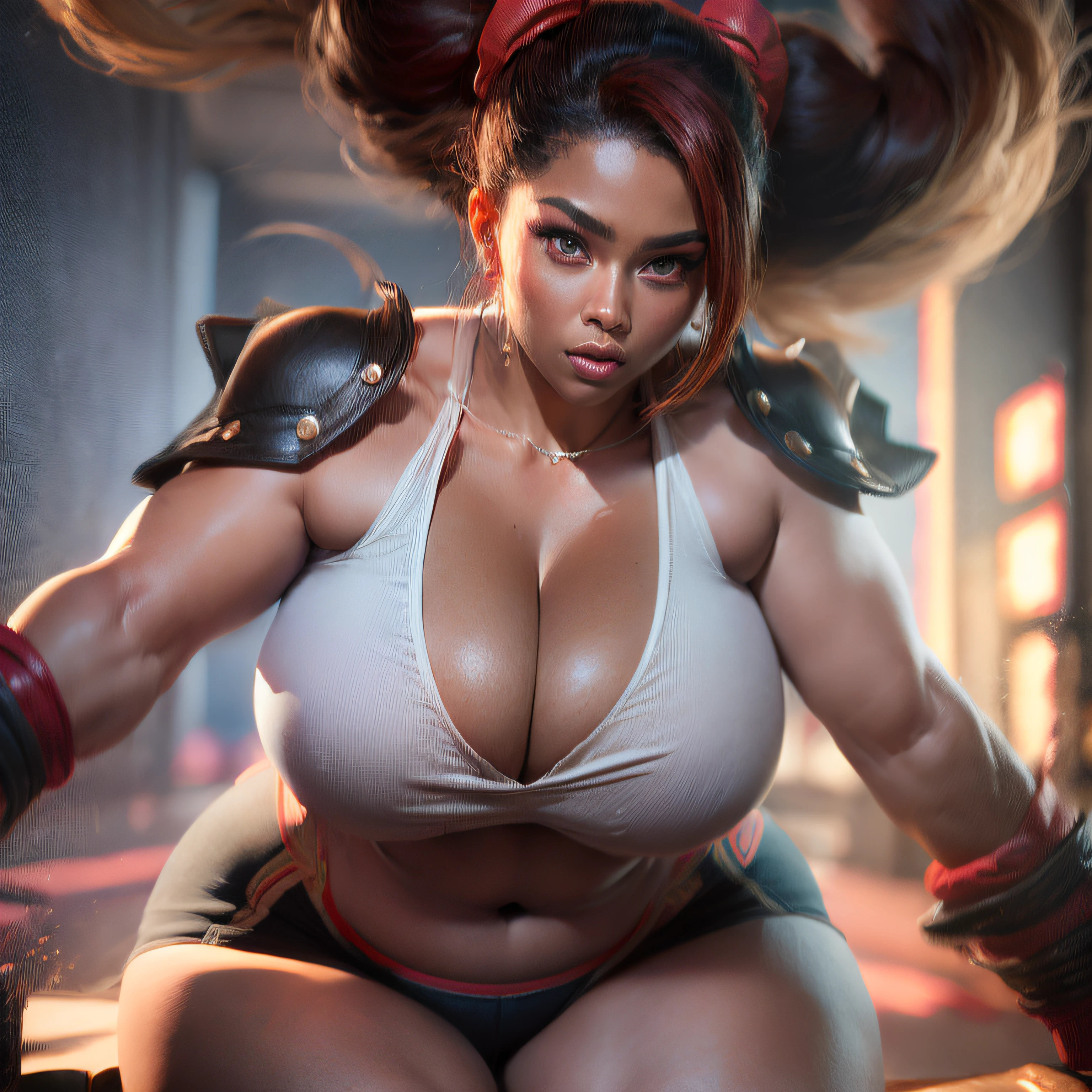 A black American woman with fabulous curves, with naturally formed and secure breasts, for a more voluptuous and attractive bust, thick thighs, effecting a shouryuken of ryu from street fighter 2, 3d render in 8k, best quality, masterpiece, nikon, realistic light and shadows, 8k, ray tracing, NVIDIA, unreal engine 5