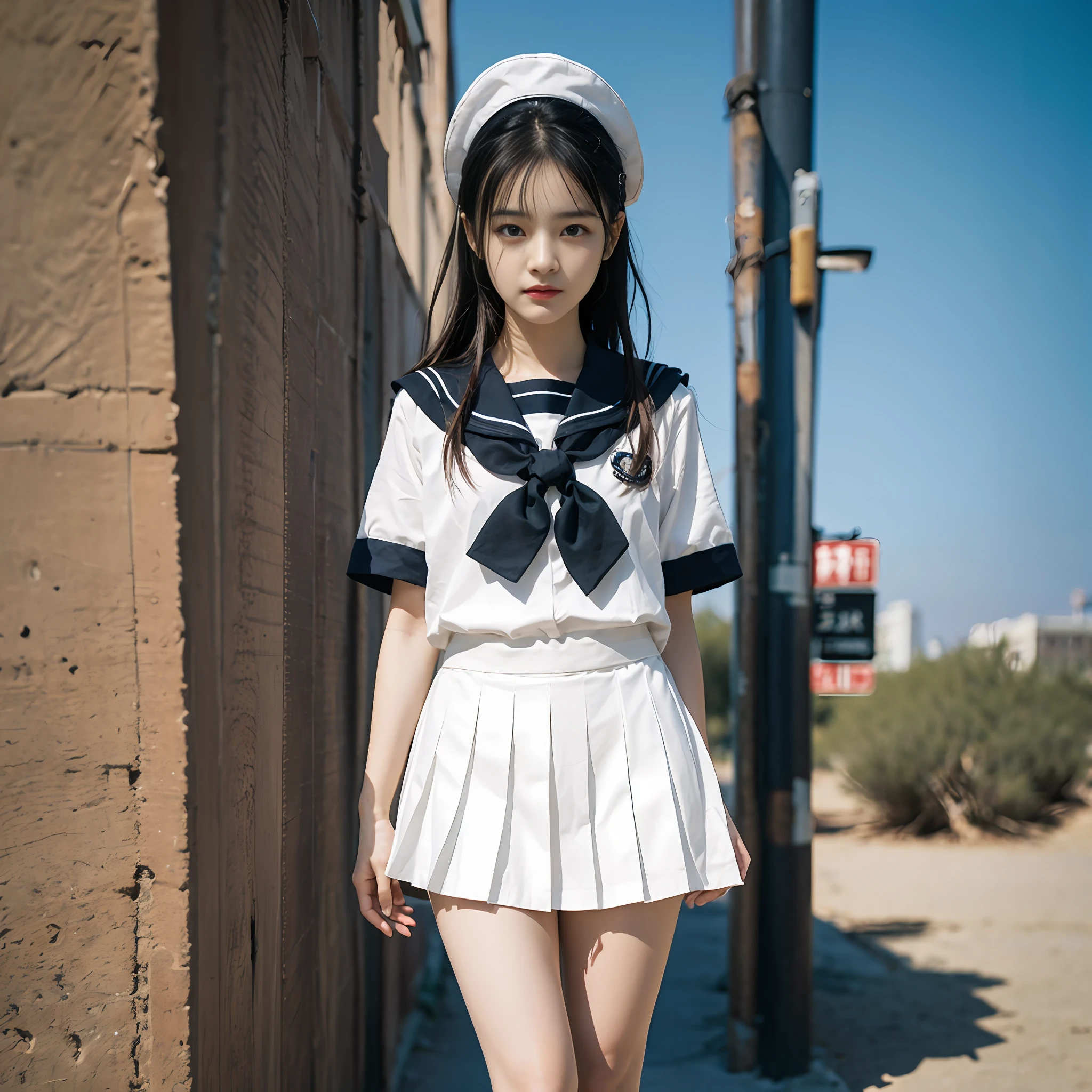 best qality,Jeizuo,super high resolution,(lifelike:1.4),original photo,Head photo,skin,Simple background,Black eyes,detail, 1个gal girl,deserts,Look at the sky,realistice,Full body photo,Sailor suit,Short pleated skirt,socks,shoes