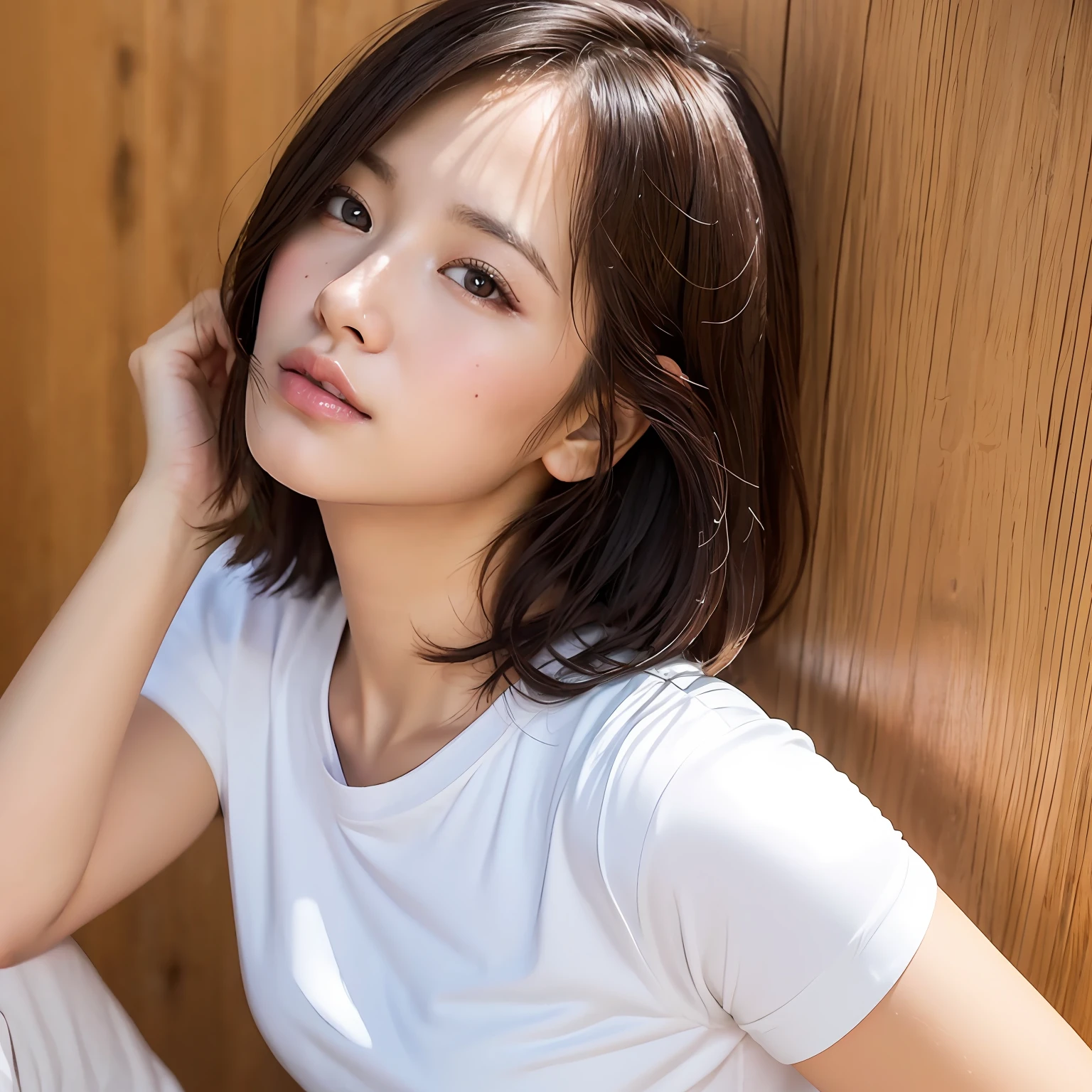 (Ultra Real), (Illustration), (High Resolution), (8K), (Very Detailed), (Best Illustration), (Beautiful Detailed Eyes), (Best Quality), (Ultra Detailed), (Masterpiece), (Wallpaper), (Detailed Face), Droopy Eyes, Upper Body Up, Short Hair, Inner Color,Solo, Japan People, White T-Shirt, Canon Shot with Canon EOS R 5