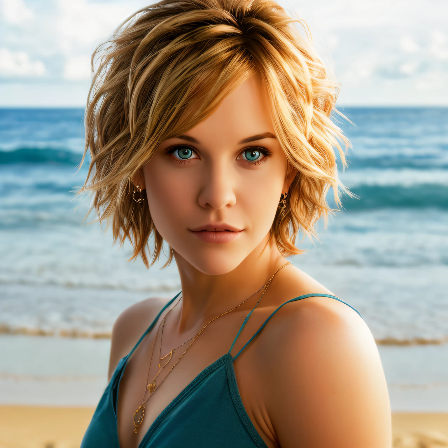 picture, best quality, 1girlsolo, sexy, very short hair, dishevelled,looking at viewer, beach background, blonde hair, portrait, casual clothes, jewelry, realistic, 8k, hdr