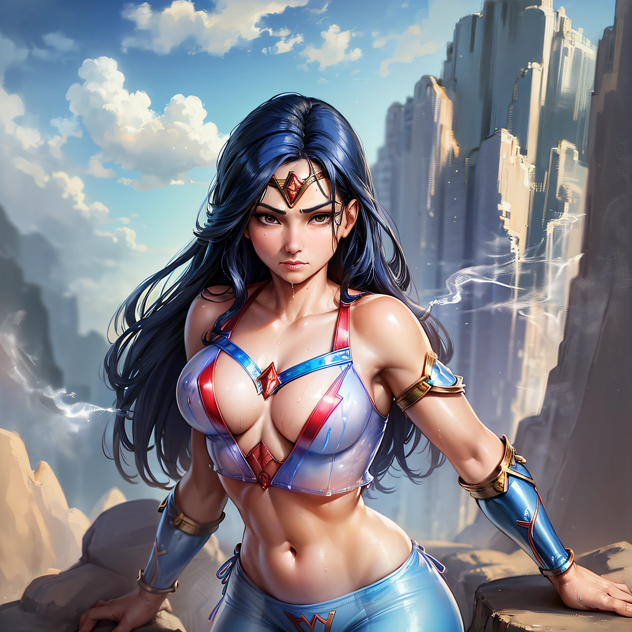 A closeup of wonder woman standing on a rock, extremely detailed transparent artgerm, transparent artgerm comic, using blue and red alloy, (using, ((vaporous:1.2) (transparent:1.2) (white: 0.6) (chiffon) (crop top) grabbed (wet: 1.4) skin): 1.2))),