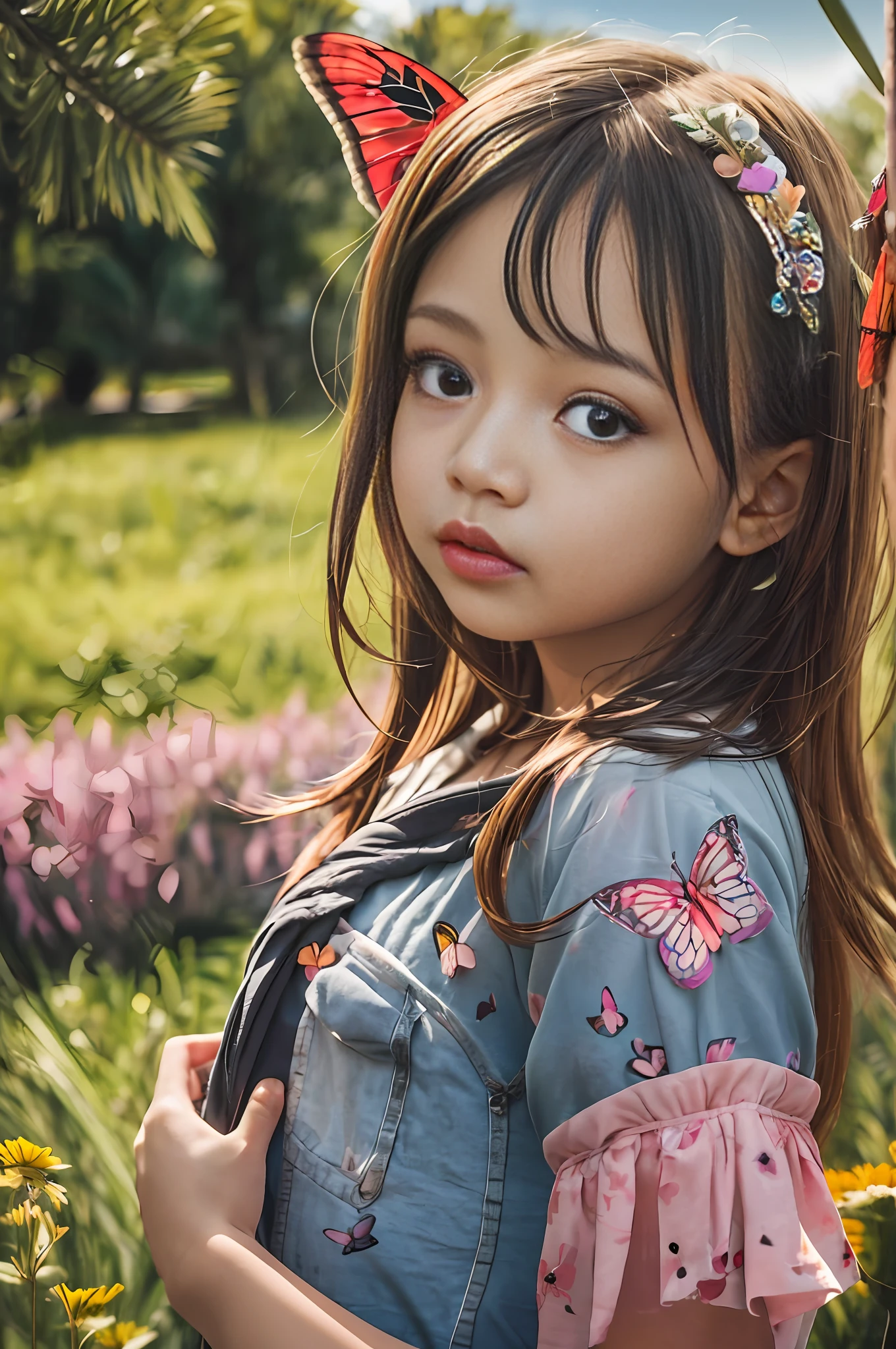 High Detail, Ultra Detail, 8K, Ultra High Resolution A cute and innocent girl*******, **ddler, enjoying her time in the open field, surrounded by the beauty of nature, warm sun sprinkling on her, wildflowers gently swaying in the breeze. Butterflies and birds flutter around her, adding to the playful atmosphere,