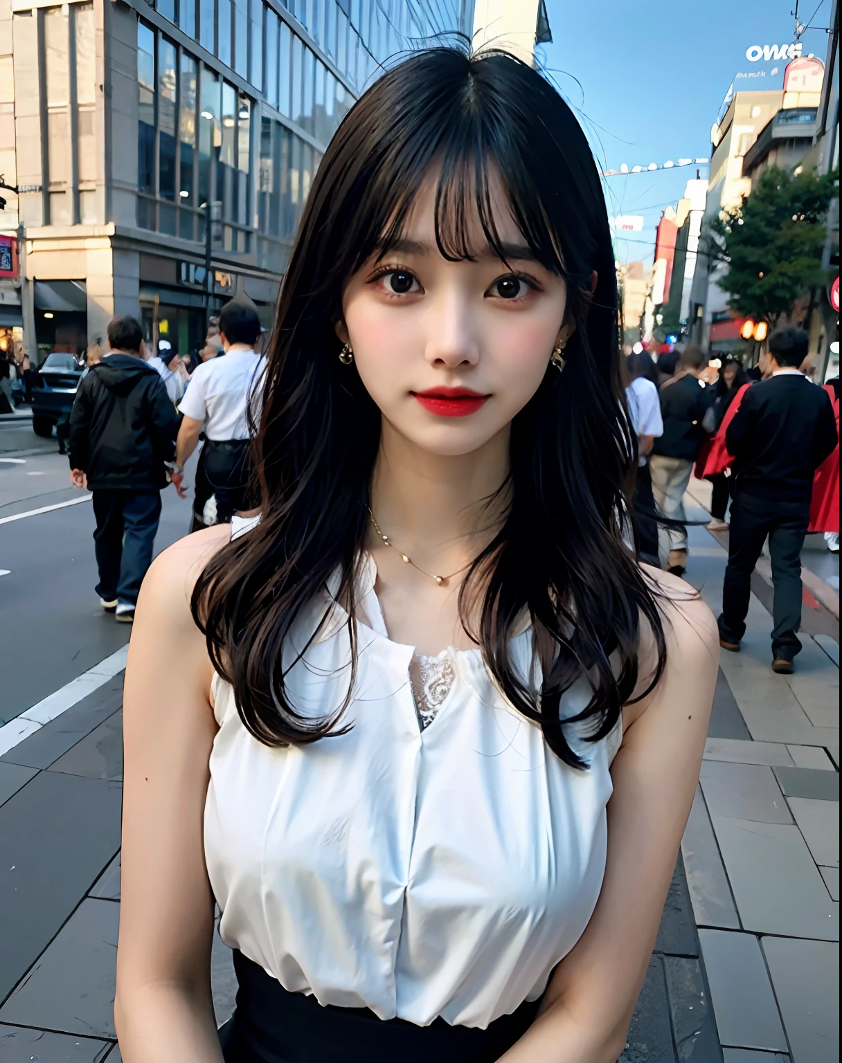 bestquality、Highres、8k、Girl 1 Mature Mature Mature Woman Person、(Huge breasted)、During the Day、Bright、out door、(Street:0.8)、(People々、crowds:1)、(Lace) -trimmed dress:1.5、Light Black Clothing:1.5、Black High Neck Dress:1.5、sleeveless dress、Black Dress:1.5)、Luxury、(medium Hair)、beautiful detailed sky、beautiful earrings、(Dynamic Pose:0.8)、 ( fulllllbody:1.2)、Illuminated by soft、Wind、Lustrous skin、line of sight、