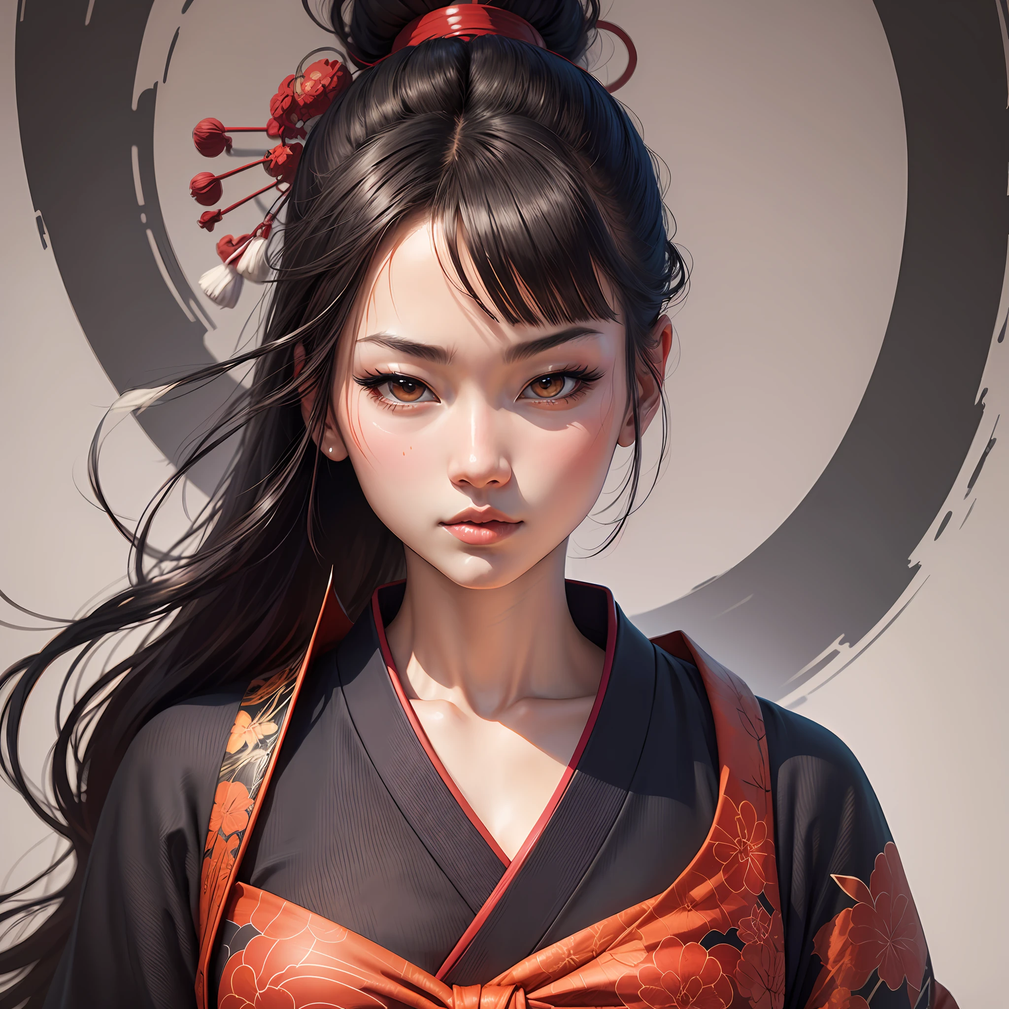 Japanese style painting, ukiyoe painting, ink art, a super beautiful woman with mysterious sharp slit eyes, long ponytail hair, High resolution, Highest Quality, super quality, Super Detail, hyper-realistic, Photorealistic --auto