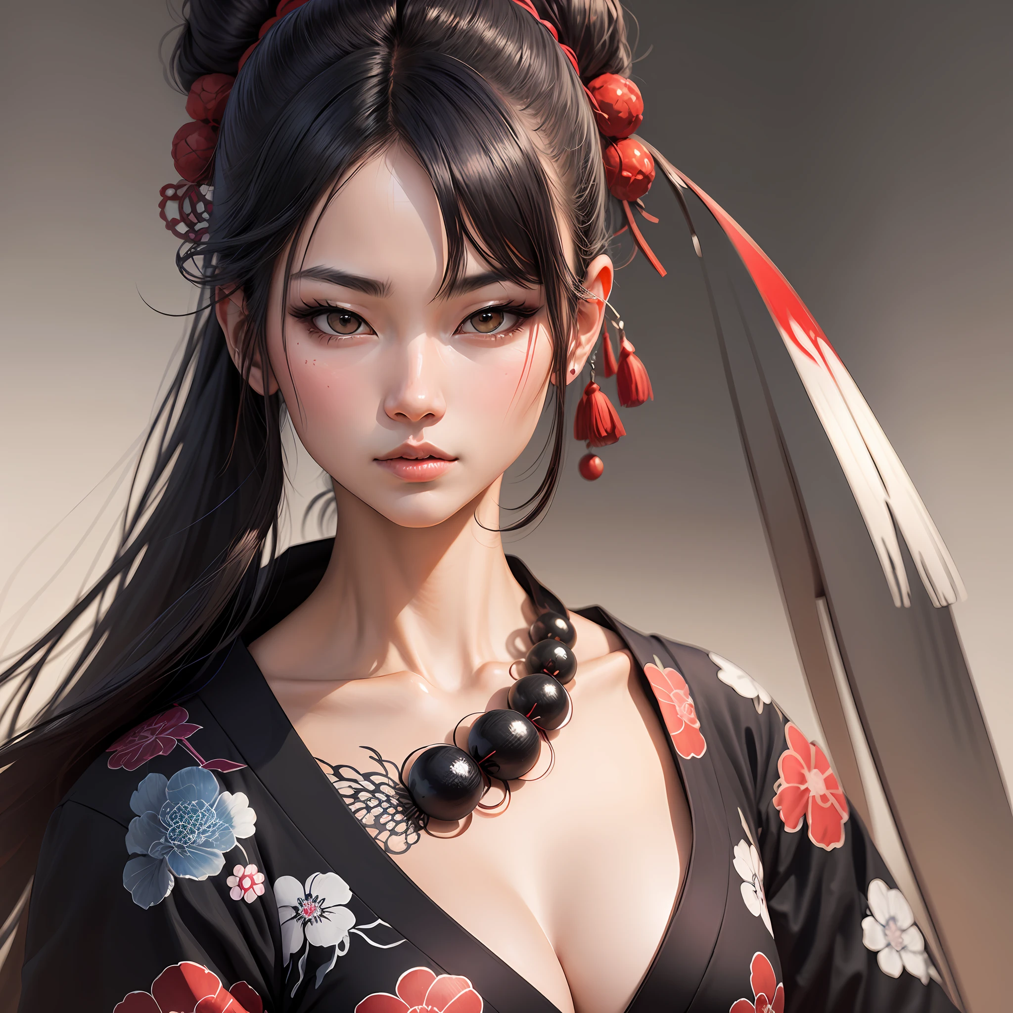 Japanese style painting, ukiyoe painting, ink art, a super beautiful woman with mysterious sharp slit eyes, long ponytail hair, High resolution, Highest Quality, super quality, Super Detail, hyper-realistic, Photorealistic --auto