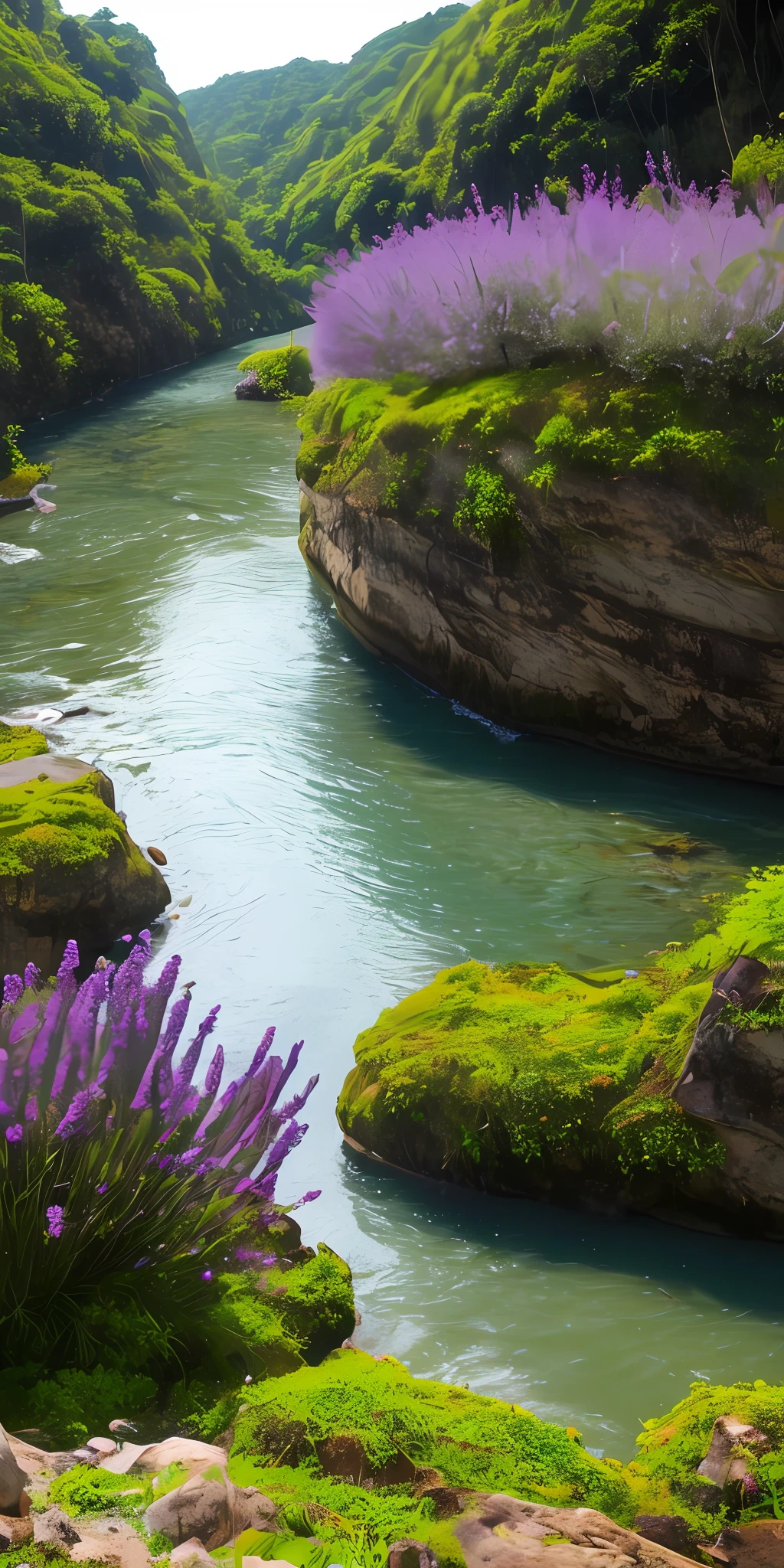Beautiful image with river, montanhas sem gelo, flores na tonalidade lavanda, ultra hd