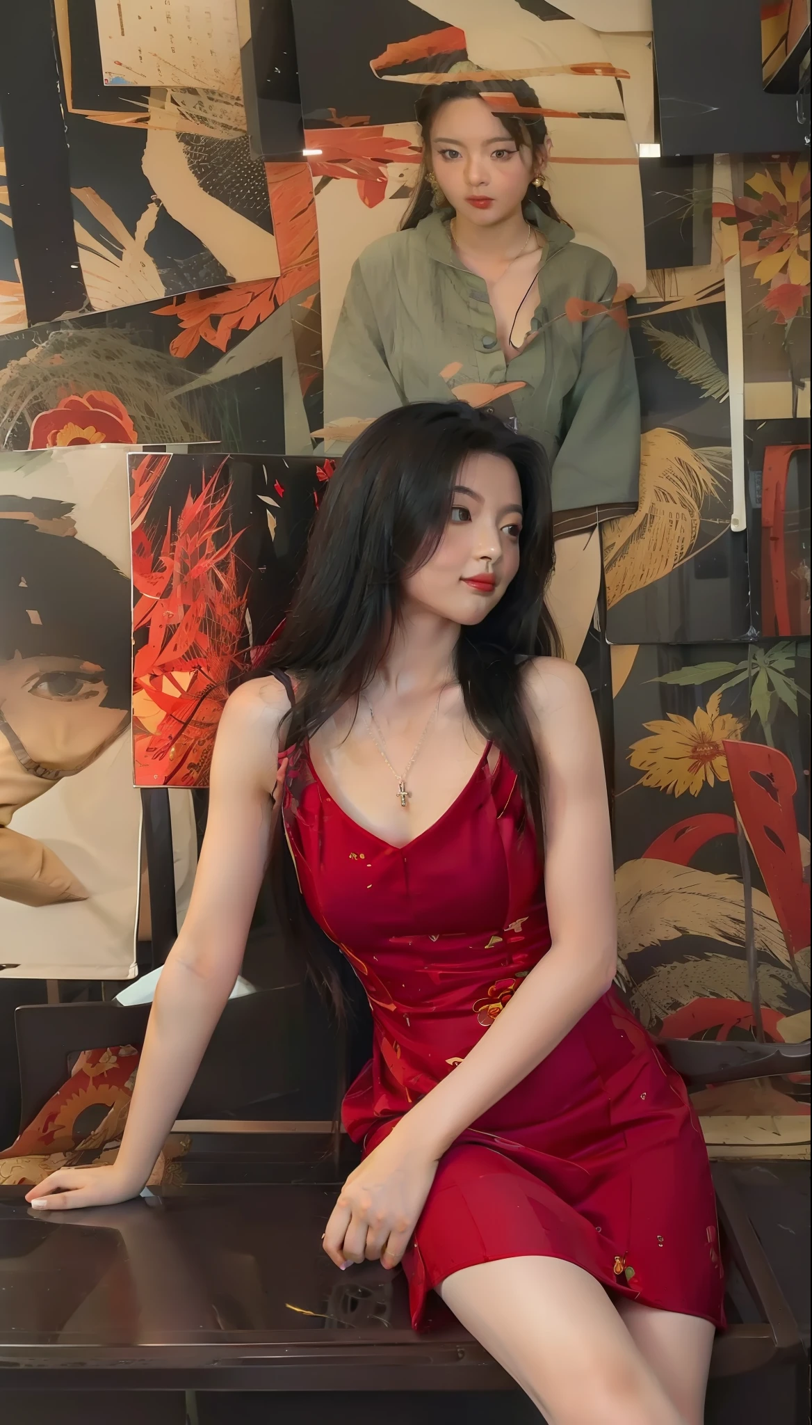 araffe woman in red dress sitting on a bench in front of a wall with pictures, girl wears a red dress, red clothes, wenfei ye, wearing a red cheongsam, wearing red clothes, black and red silk clothing, xue han, sha xi, cai xukun, cover photo portrait of du juan, wearing red dress, wearing a red dress