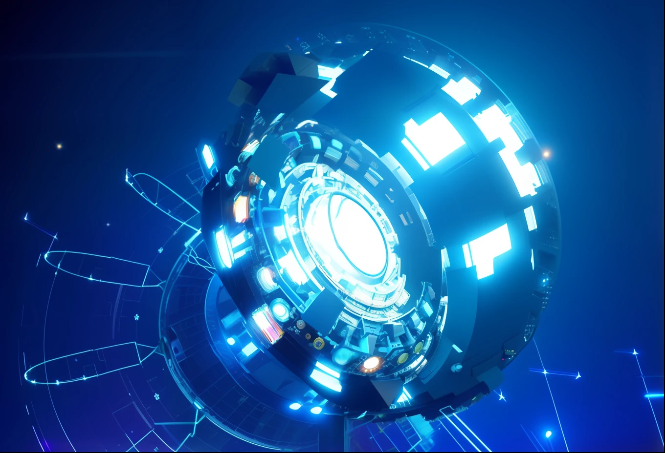 a close up of a circular object with a blue light, quantum technology, blue circular hologram, dyson sphere program, Digital art of, Digital art of, dyson sphere, photo of a dyson sphere, dyson sphere in space, intricate machine in space, quantum computing, computer generated, hadron collider technology, luminous scifi engine, generative technology, technological rings