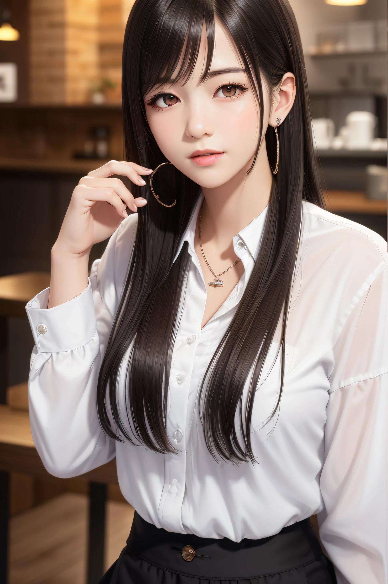 (Top Quality, Masterpiece: 1.1), (Real: 1.4), (location: a cozy coffee shop with warm lighting),(objects: a collection of high-end coffee equipment and freshly roasted beans), BREAK
(((FF7))) (((Tifa))),(1Girl:1.2),Ultra-detailed face, Detailed eyes,((Light Brown Hair, Large breasts: 1.2)),about 18 years old,(barista),Smile, BREAK
(((FF7))) (((Tifa))),(white collared shirt, black trousers, long sleeves,(black cafe apron over shirt)),(No Bra) (Small and beautiful hard nipple),(shiny oiled skin: 1.4),