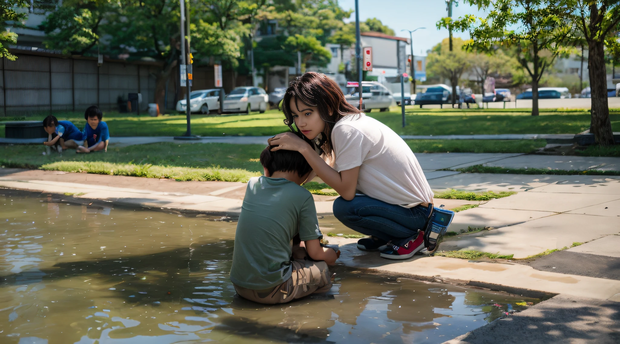 maximum quality、photos、(photo-realistic:1.4)、(Hyperrealistic:1.4)、(Cinematic:1.5)、the children、poor、2 people、People with Japan々、（６Age）、brothers,a park、Dirty T-shirt、Squatting、Brother is looking far away、Strong gaze、(color saturation:30%), (beautiful and delicate face)、（High-quality eyes:2)、puddle、glint、