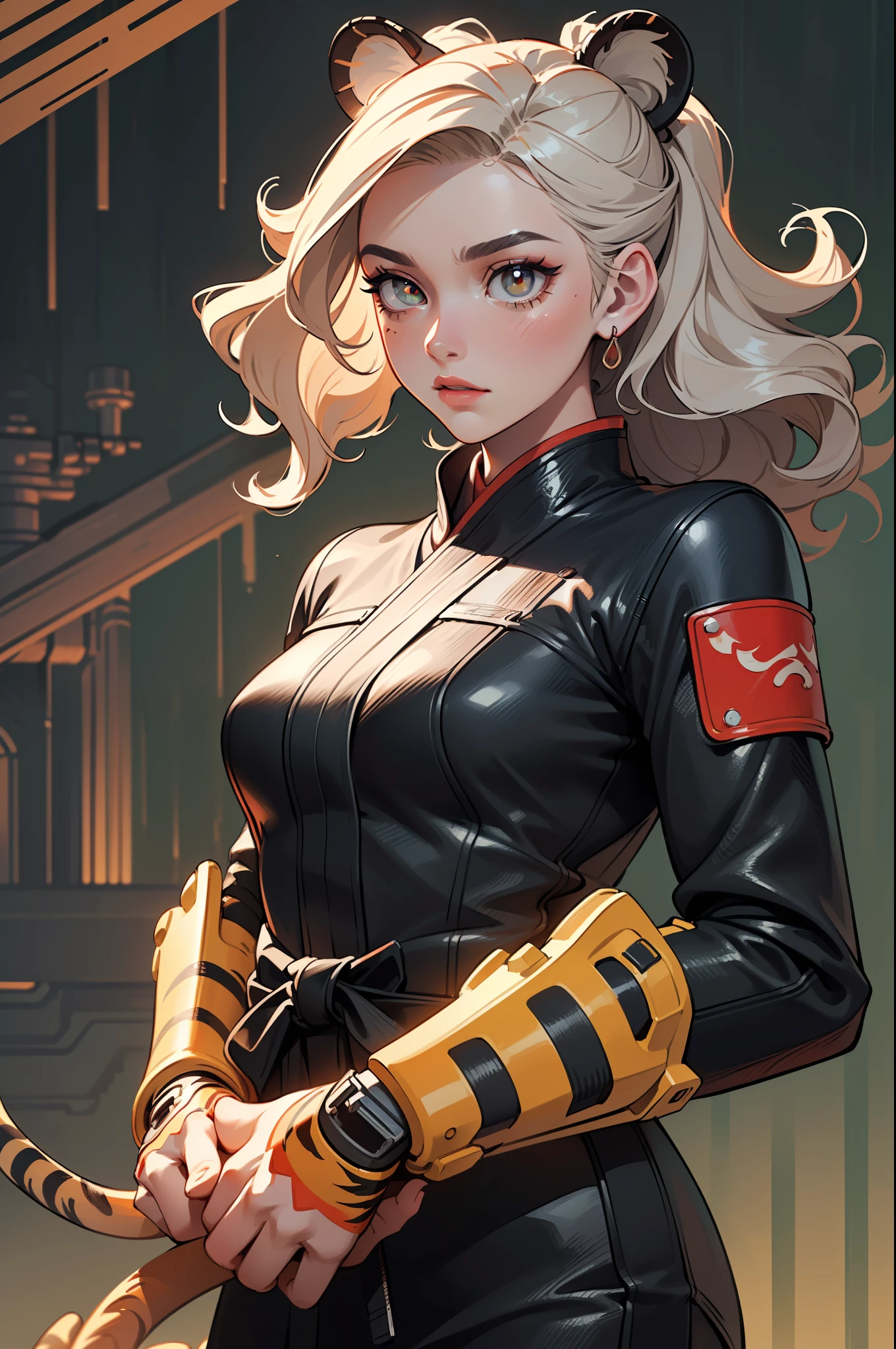 (Artwork of outstanding craftsmanship),[Detailed illustrations, art based on extremely ideal anatomy, Very detailed and detailed drawings, Slow and delicate lines, realistic texture expression],(((Color tressed main lines)),(Briefing Room background),[(HENTAI) ANIME Girl Japanese Beauty Cyborg 17 years old (Wild hair)] Muscular (( KARATE)) Mechanical arms (V8 engine: 0.3),[Black leather jacket] ((Tiger: 0.6) (Translucent rubber inner)) (((Tiger stripe))),((Chrome coating:0.5))),(Science fiction mechanical bioengineering),((Perfectly proportioned proportions:1.2)),((Fine and beautiful skin expression (transparency)) ,(Design built to a high level,((Advanced structural understanding of materials)),(Ideal color coordination)),(((Complex and beautiful decoration))) ((Dense details)),(Lustrous hair details),((Perfect hand details)),(Beautiful perfect face (Realistic face details: 0.5)),((Clear line of sight)),((Long and beautiful eyelashes: 0.4)),(( Perfect eye detail (beautifully drawn pupils with great detail))),((Detail,High definition)),[(Precision Detail),((Multilayer Texture)),HighQuality,High Resolution],((Accurate simulation of light-material interactions, understanding of air flow, mechanically correct representation)),(((Narrative visual art)).
