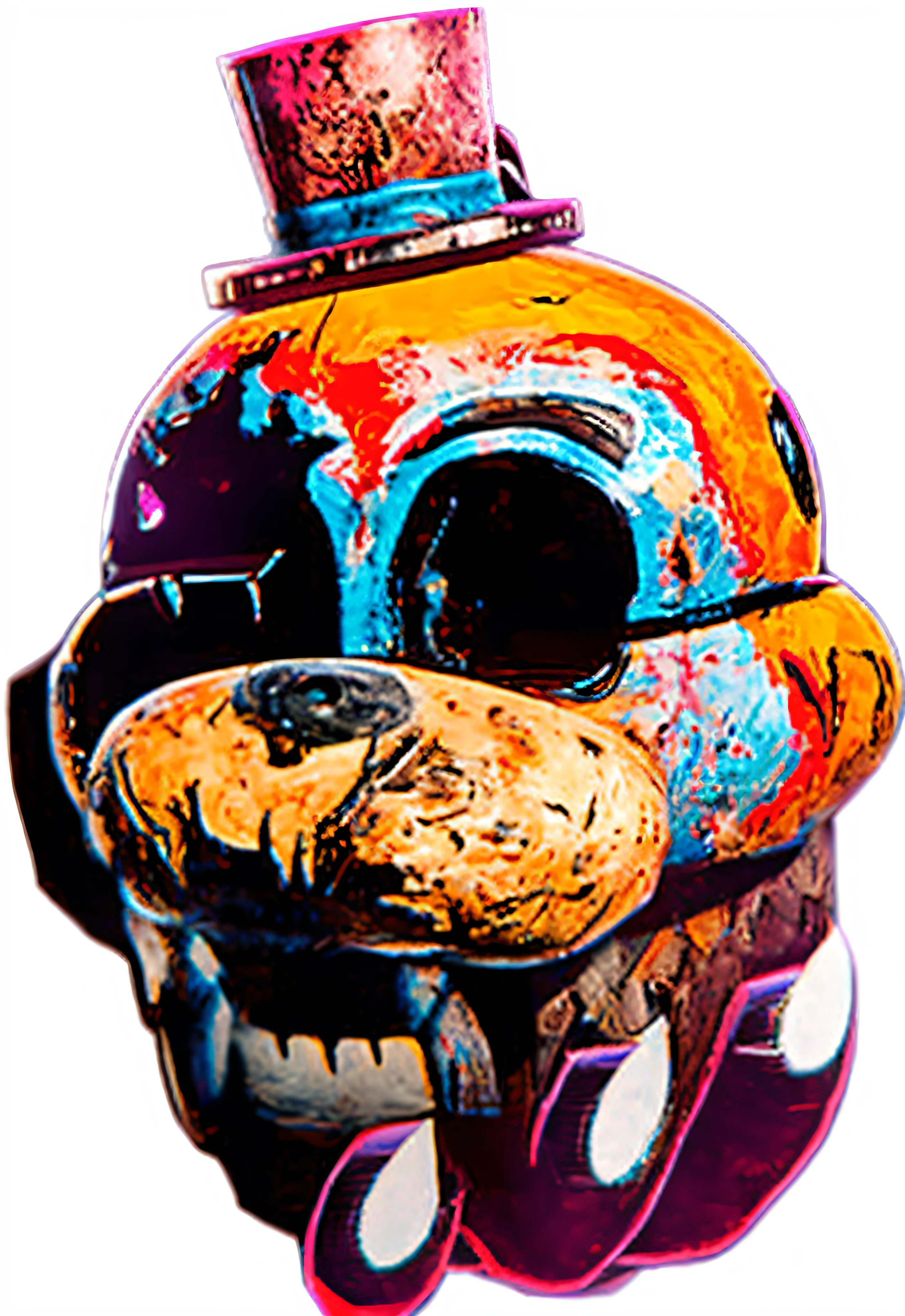 brightly colored image of a colorful skull with a top hat, Retrato de Freddy Fazbear, FNAF, Freddy Fazbear, Cinco noites no Freddy's, Cinco noites no Freddy's, Cinco noites no Freddys, Freddy Fazbear's Pizzaria, inspirado em Alfred Freddy Krupa, animatronic, animatronics, Foxy, commission of freddy fazbear (extremamente detalhado CG unidade de papel de parede 8k, Obra prima, melhor qualidade, ultra-detalhado), (best illumination, melhor sombra, um extremamente delicado e bonito), Flutuante, atmosfera escura, rastejadores assustadores, Sombras misteriosas, Ambiente sinistro, (detalhada) (alta qualidade) (4k) (Improve lighting) melhore a imagem