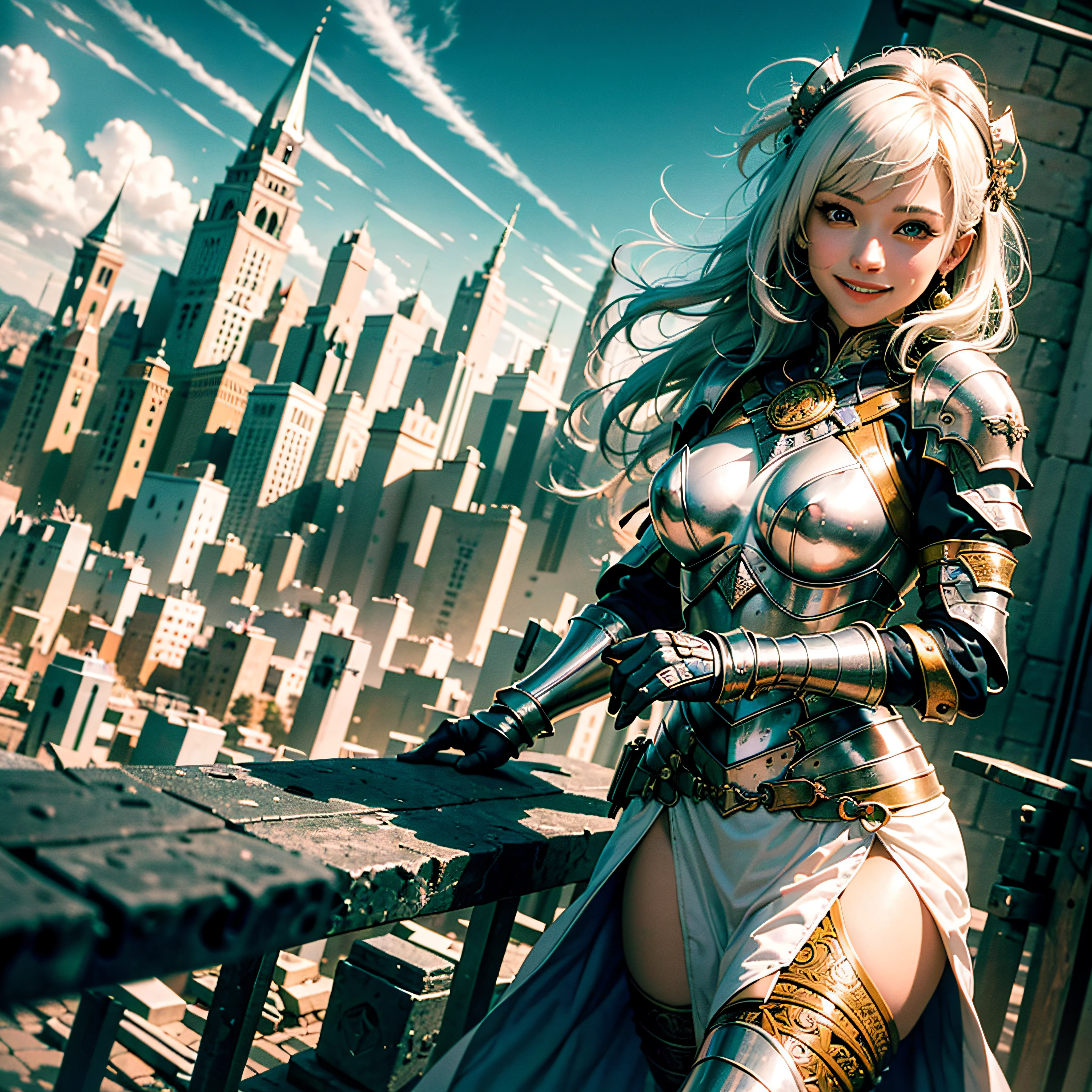all body、white-haired、(Dragoon: 1.2)、Brantovan、A Masterpiece、maximum quality、offical arts、Highly elaborate CG Unity 8K wallpapers、For girls、hyper high resolution、(photo-realistic:1.4)、Golden Hour Lighting、Medieval armor、(upper half body)、(Platinum Shorthair:0.8)、(Puffy eyes)、looking a viewer、Front-facing、a smiling look、medium tits、Gentle smile、shirt lift、Medieval castle scenery