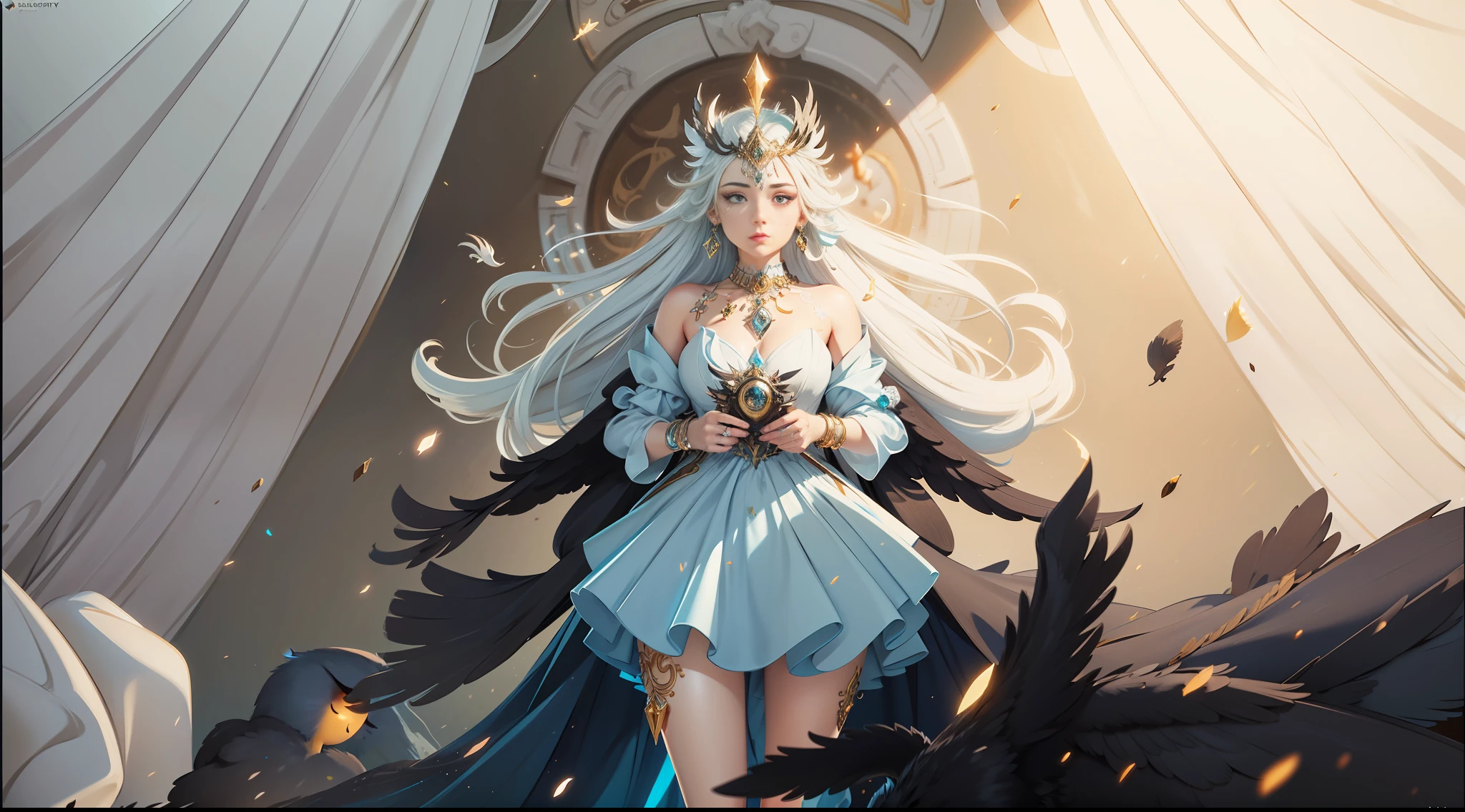 digital painting of a blue eyed owl, unreal engine rendering + goddess, highly detailed, beeple global illumination, exquisite ornate jewelry, trending on cgisociety, motion graphics, rossdraws global illumination, cgsociety