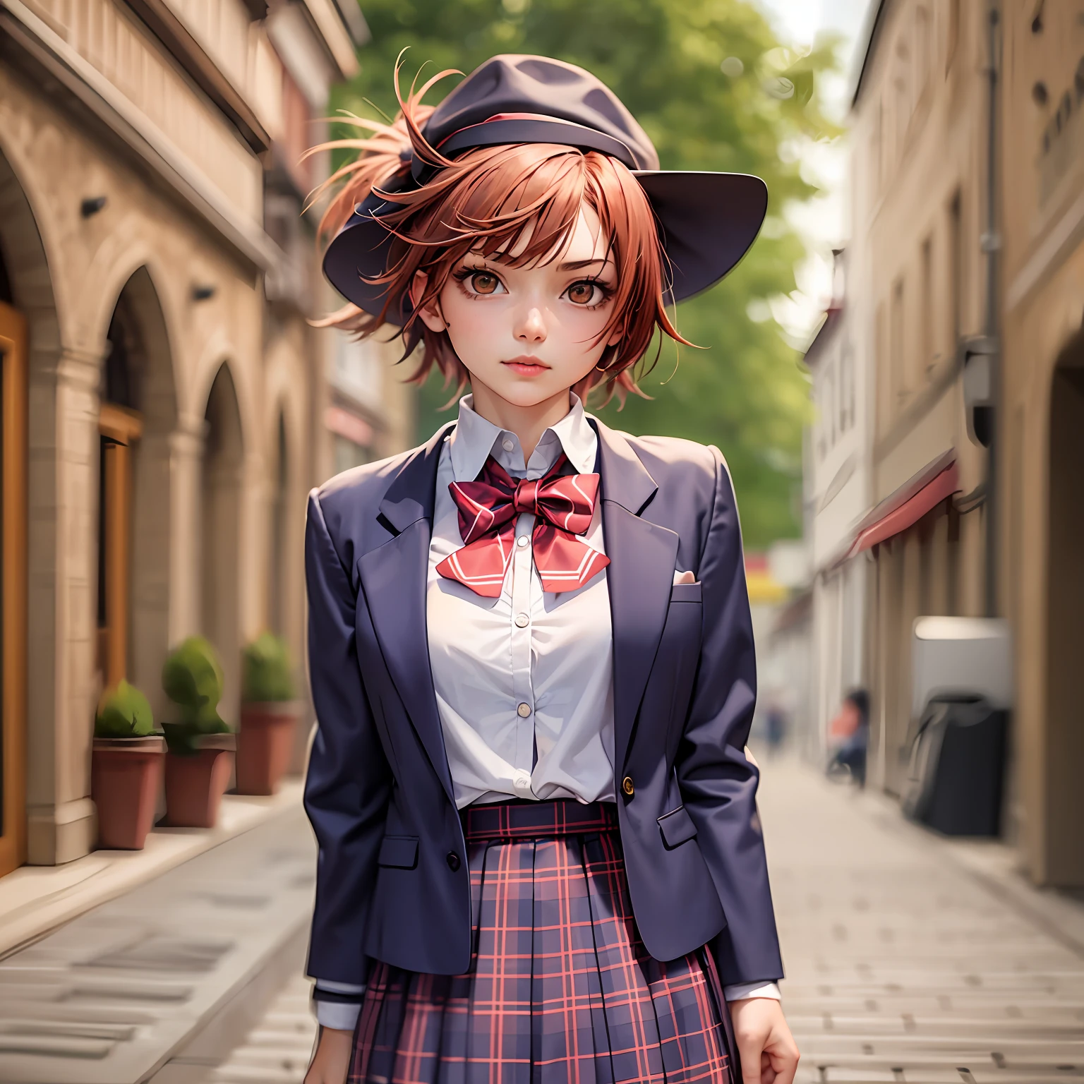 anime girl with a hat and tie standing in front of a window, pixiv, shin hanga, Rin, anime visual of a cute girl,sayori, Lori, --auto