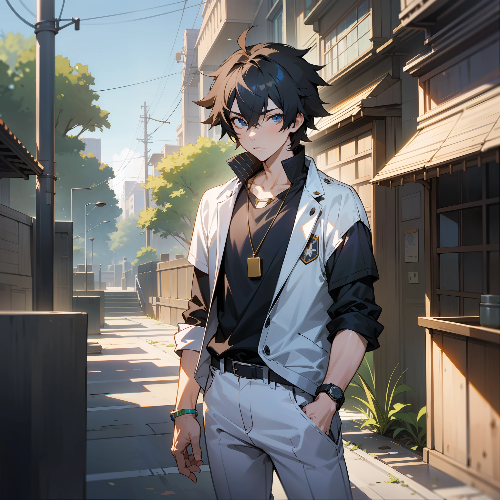 1boy, apple, bag, bangs, berry, black hair, black shirt, blue eyes, hair between eyes, jewelry, leaf, looking at viewer, male focus, necklace, pants, shirt, solo, watch, white pants, wristwatch, messy hair, trending on artstation, 8k resolution, highly detailed, anatomically correct, sharp image, digital painting, concept art, trending on pixiv, style of makoto shinkai,