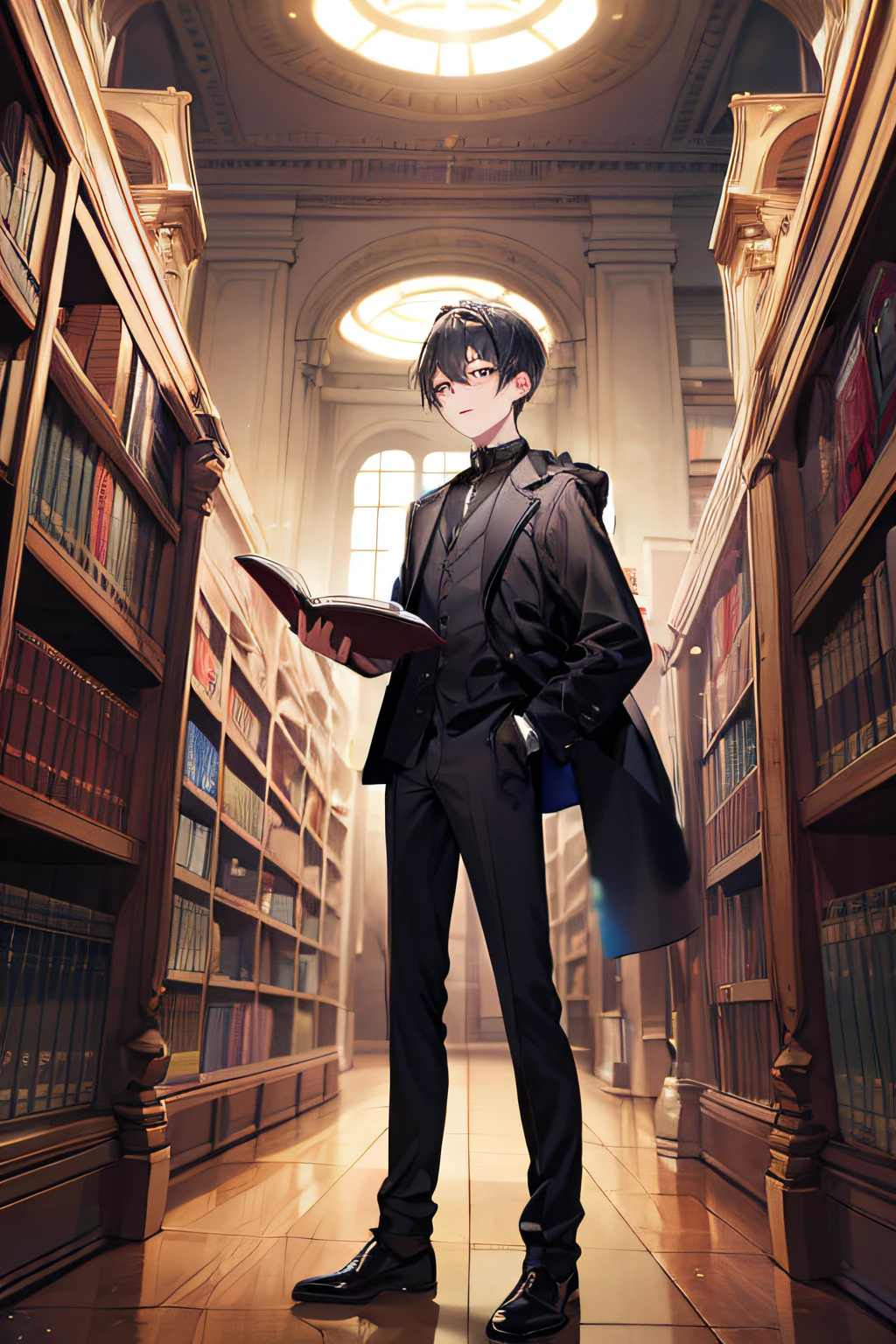 1boy。 Wear a black coat。 Reading a book。