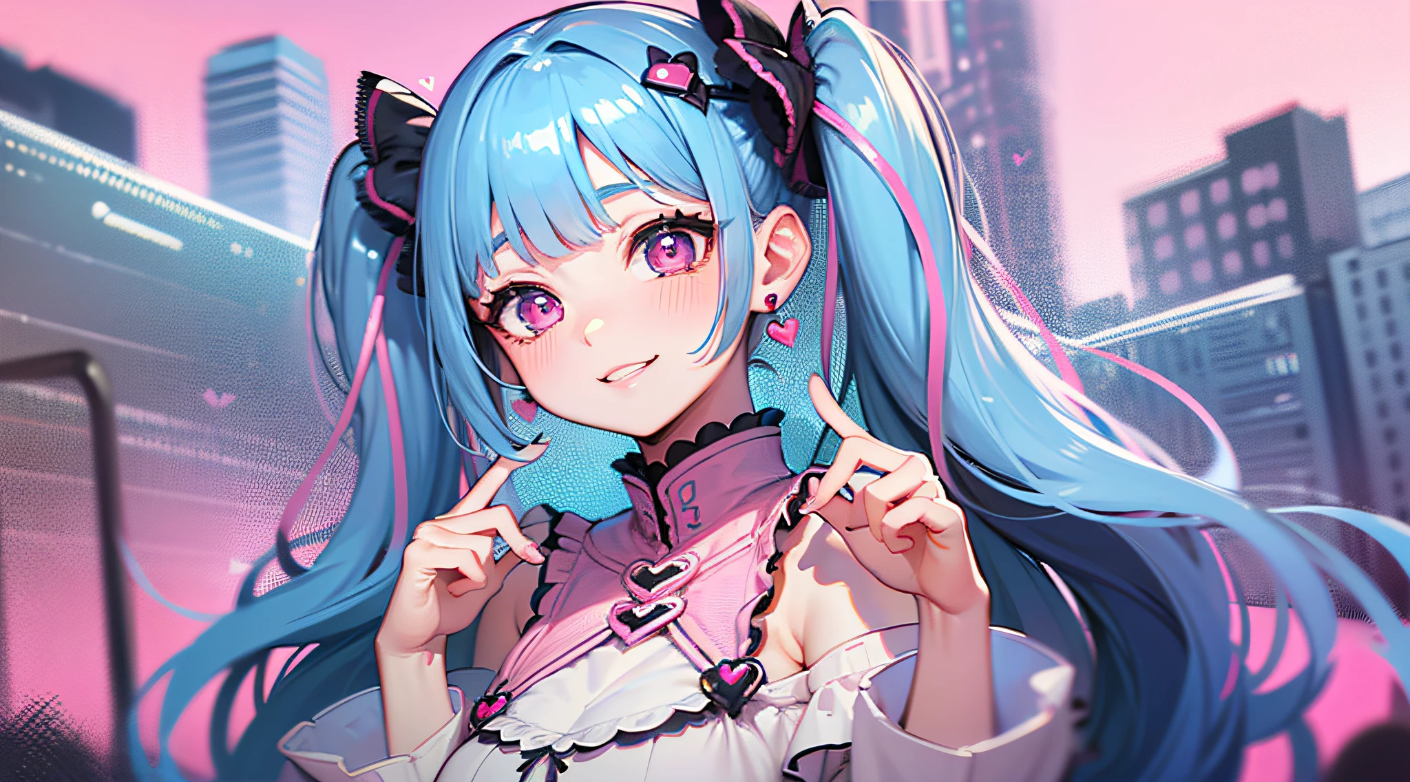 (masterpiece, best quality, high quality, highres:1.2), ultra high res, absurdres, sharp focus, detailed, cowboy shot, sfw, cute,
1girl, (light blue hair:1.1), (medium long hair:1.1), twintails, (pink eyes:1.1), thick eyelashes, (finely-detailed eyes:1.1), sharp pupils, (looking at viewer:1.2), happy, smile,
jirai fashion, jirai kei, white and pink dress, (heart-shaped earrings:1.1), medium breasts, detailed skin, shiny skin, glossy lips,
standing, dynamic pose,
outdoors, park, playground