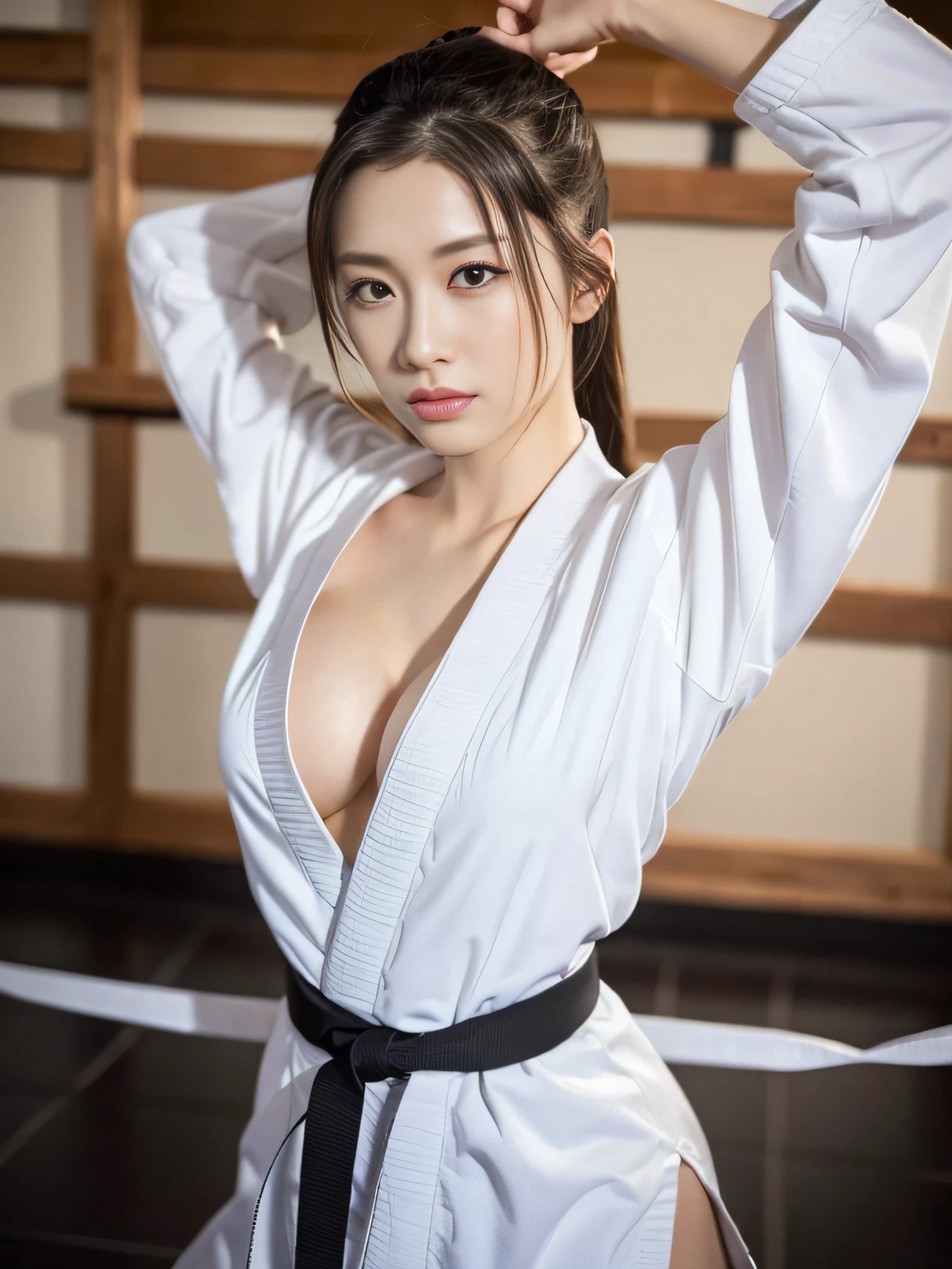 Karate costumes、Highly detailed karate costumes、highly detailed exquisite fanart、Martial Arts Poses、Woman in karate uniform posing in dojo、Combat Poses、Naked inside with only judogi、Judogi with a wide chest、Beautiful abs and areola visible、Photo level、8K,