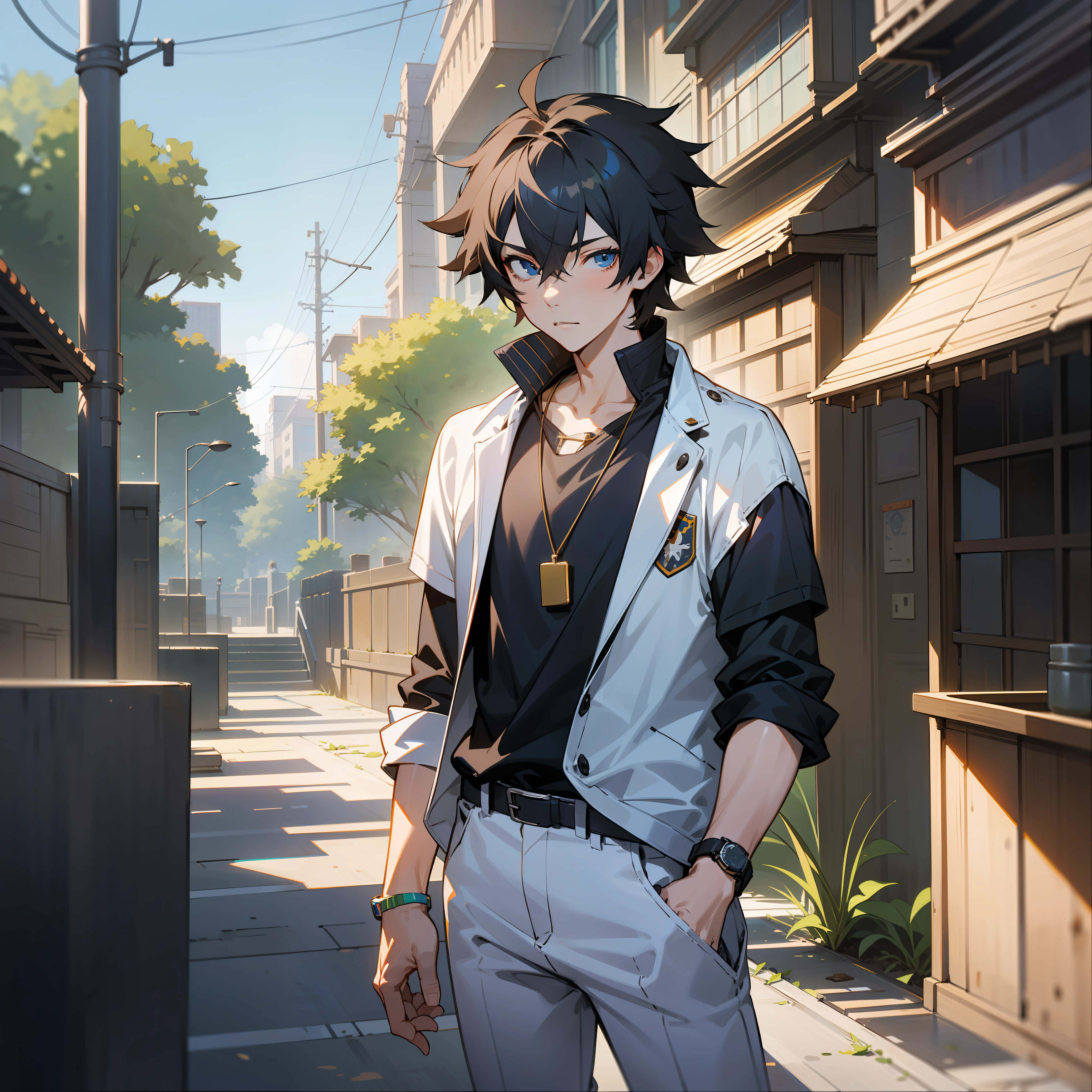 1boy, apple, bag, bangs, berry, black hair, black shirt, blue eyes, hair between eyes, jewelry, leaf, looking at viewer, male focus, necklace, pants, shirt, solo, watch, white pants, wristwatch, messy hair, trending on artstation, 8k resolution, highly detailed, anatomically correct, sharp image, digital painting, concept art, trending on pixiv, style of makoto shinkai,