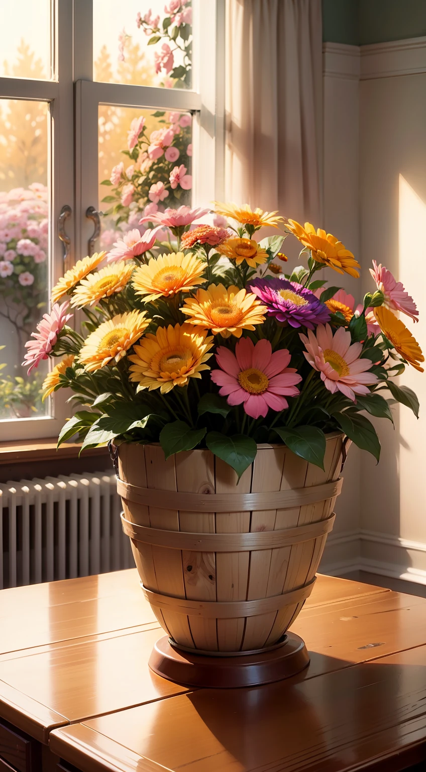White basket luxuriously decorated with pastel and gold accents containing colorful flowers of the lantana species, with magical details. The flowers are lit by sunlight streaming in through the window. The basket is on top of a sideboard decorated with a lace towel drawing flowers with many realistic details in high quality, 8k, Usava, .RAW --auto