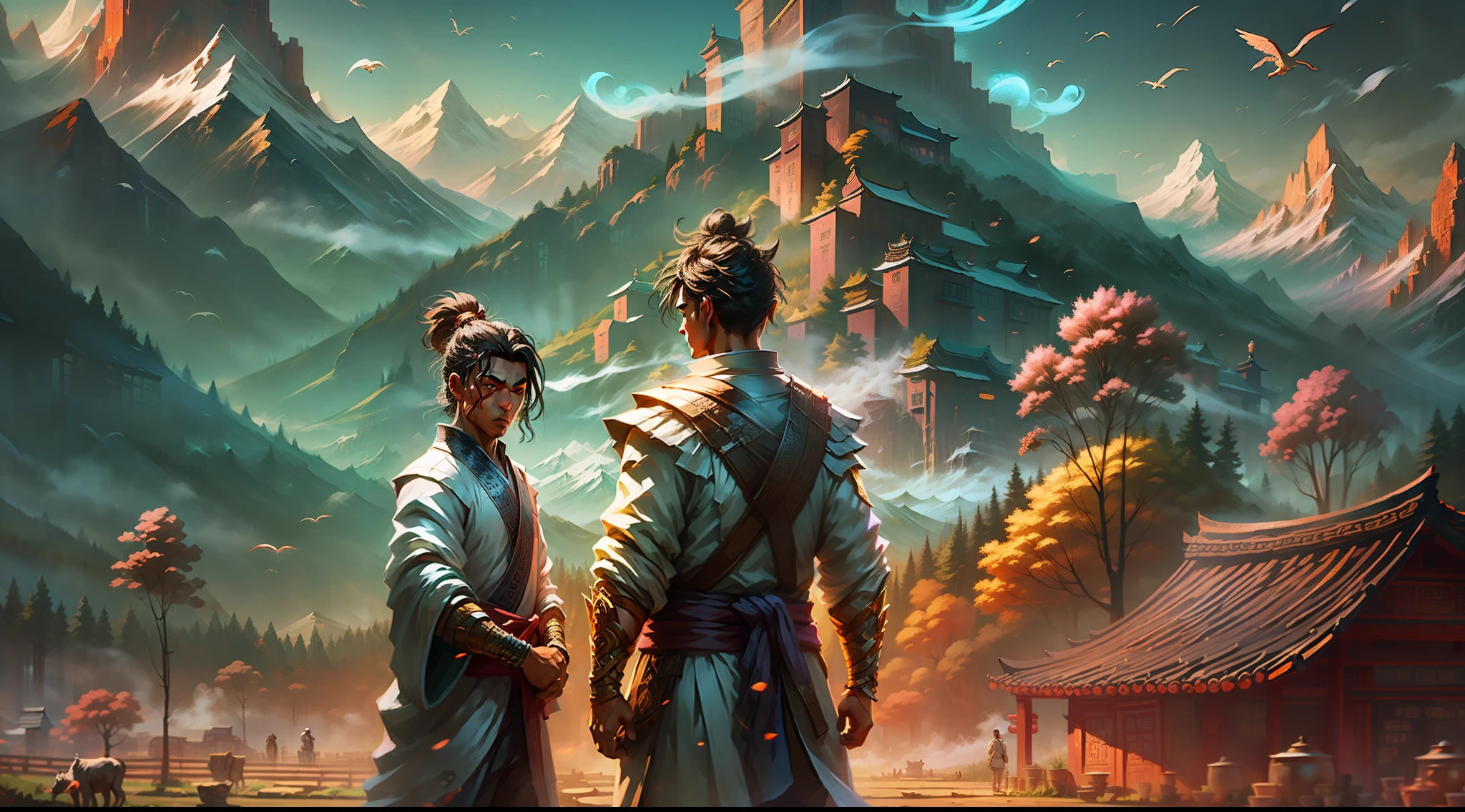 Create character to illustrate Taoist story of ancient wisdom. The character is a farmer and his young adult son, old farmer, wise farmer, farmer with face marked by time and hard work, the farmer is in front of his house on the farm with his young son, son of the young adult farmer, only one son, the scenery should portray ancient china, image with strong contrast, mountains in the background, mists to give an air of mystery and wisdom, very beautiful landscape