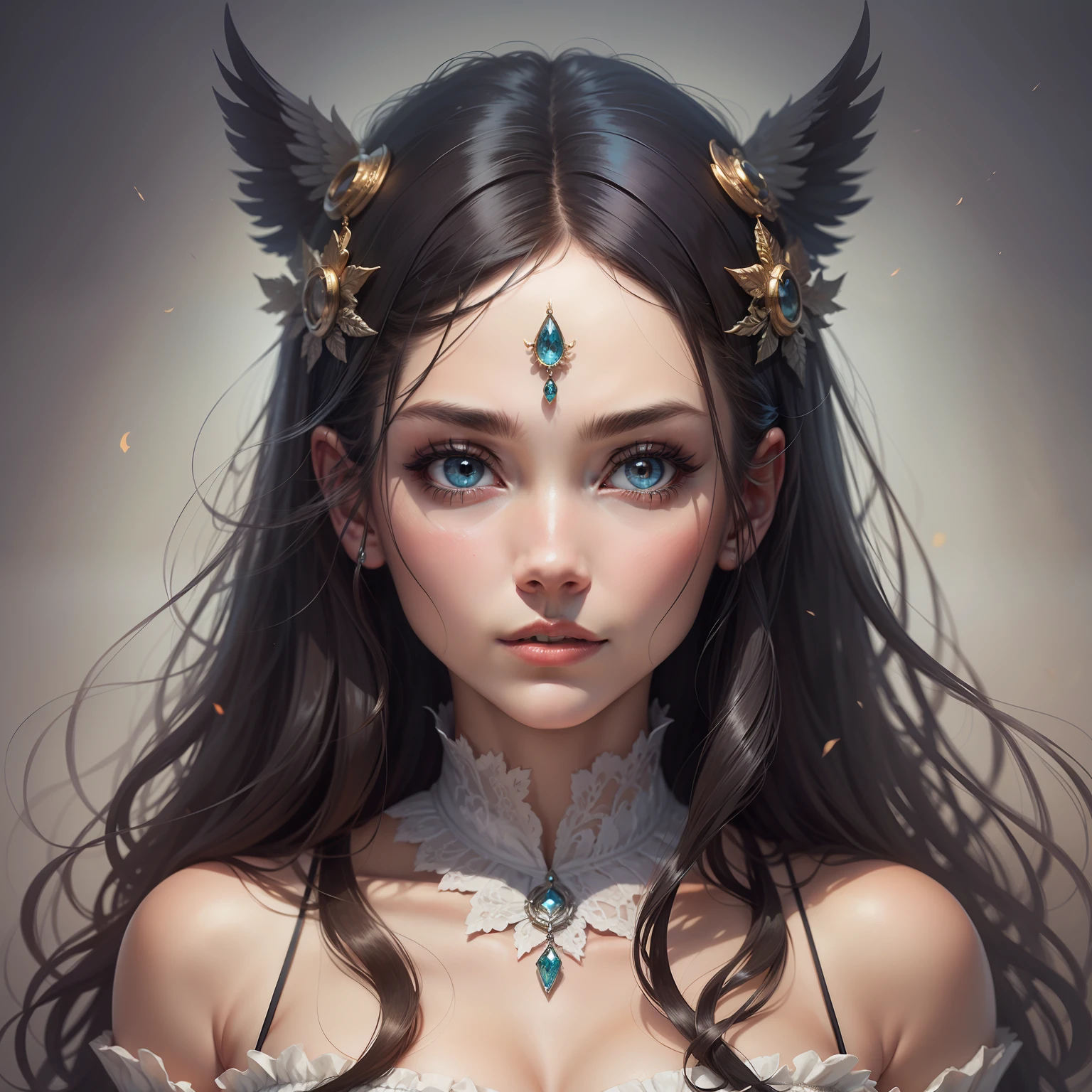 Fairytale. Exquisitely detailed split portrait of a woman's face, half face angelic and the other half face evil
