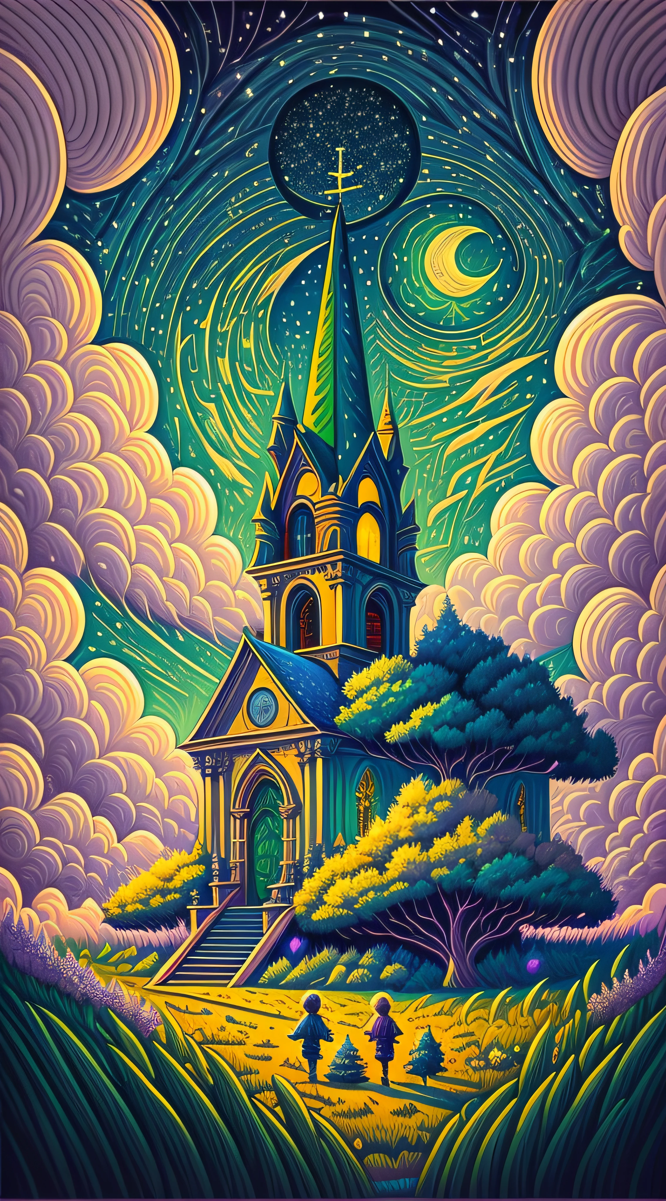 painting of the church in ruigoord with a starry night sky where eagles flying through the clouds ,children playing in a field of green lush nature with trees raising hands and wearing gloves , 4k highly detailed digital art, epic fantasy sci fi illustration, detailed dreamscape, 4k detailed digital art, detailed fantasy digital art, beautiful art uhd 4 k, dan mumford and alex grey style, sci-fi fantasy wallpaper, detailed digital 2d fantasy art, fantasy space, detailed painting 4 k