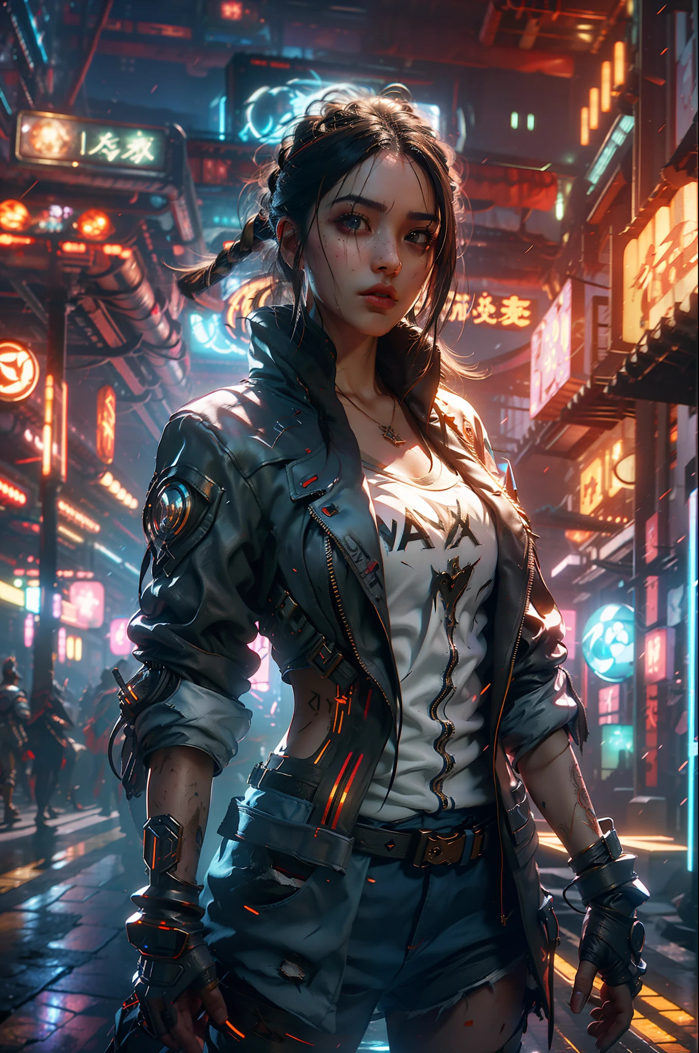 ((Best quality)), ((masterpiece)), (detailed:1.4), 3D, an image of a beautiful cyberpunk female,HDR (High Dynamic Range),Ray Tracing,NVIDIA RTX,Super-Resolution,Unreal 5,Subsurface scattering,PBR Texturing,Post-processing,Anisotropic Filtering,Depth-of-field,Maximum clarity and sharpness,Multi-layered textures,Albedo and Specular maps,Surface shading,Accurate simulation of light-material interaction,Perfect proportions,Octane Render,Two-tone lighting,Wide aperture,Low ISO,White balance,Rule of thirds,8K RAW,