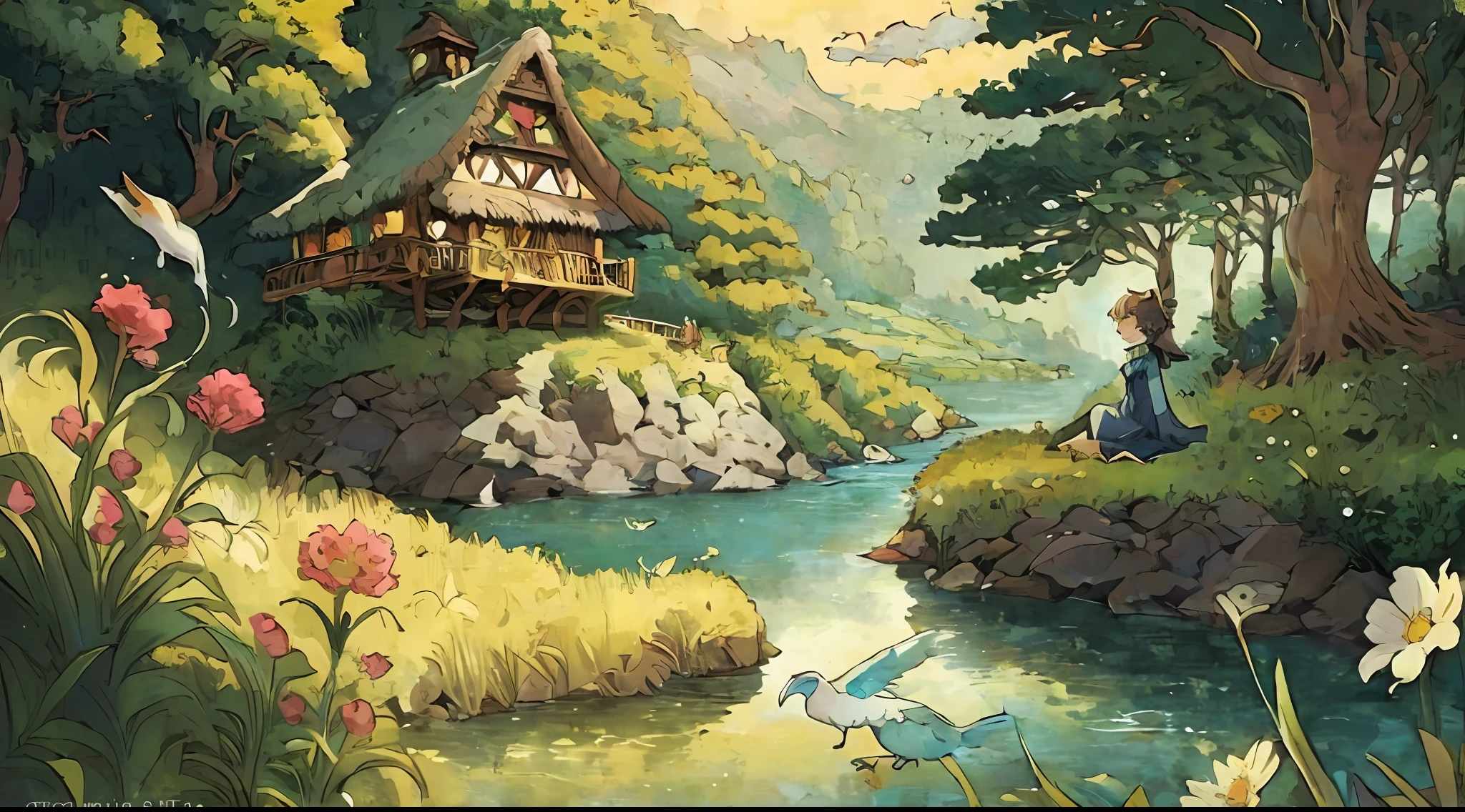 (Best quality),(Masterpiece),(super-detailed),(highdetail),(Extremely detailed),subject: Ghibli Anime Style Film Illustration Art
Medium: Digital illustration or traditional painting.
resolution: 3000x2000 pixels (for digital illustration).
Canvas Size: 11x14 inches (for traditional painting).
Color Palette: Soft pastel colors，Occasionally vibrant hues appear.
Mood: Nostalgic, whimsical, and enchanting.
composition: Balanced composition，Focus on storytelling and character interaction.
Lighting: Warm, Soft, and diffuse lighting，Create a magical atmosphere.
style: Ghibli inspiration，A blend of drawing and illustration techniques.
details: Includes iconic Ghibli elements，For example, charming characters, fantastical creatures, intricate nature, and whimsical architecture.
inspiration: Studio Ghibli films, Japanese folklore, nature's beauty.
Camera Setup: None (since it's a digital illustration or traditional painting).
Additional Notes: Emulate the Ghibli art style by paying attention to intricate details, delicate linework, and capturing the essence of nature. Create lush backgrounds with rolling hills, Blooming flowers, towering trees, and meandering rivers. Focus on expressive and relatable characters that convey emotions and tell a story. Use gentle shading and blending techniques to add depth and dimension to the illustrations. Try different textures，It gives a sense of handmade and nostalgic. Incorporate elements of fantasy and magic, such as flying objects, mythical creatures, or ethereal spirits. Infuse the artwork with a sense of wonder, adventure, and the beauty of everyday life. Let the Ghibli anime style inspire your film illustration art, Create compelling visuals，Transports viewers into a world full of magic and imagination.