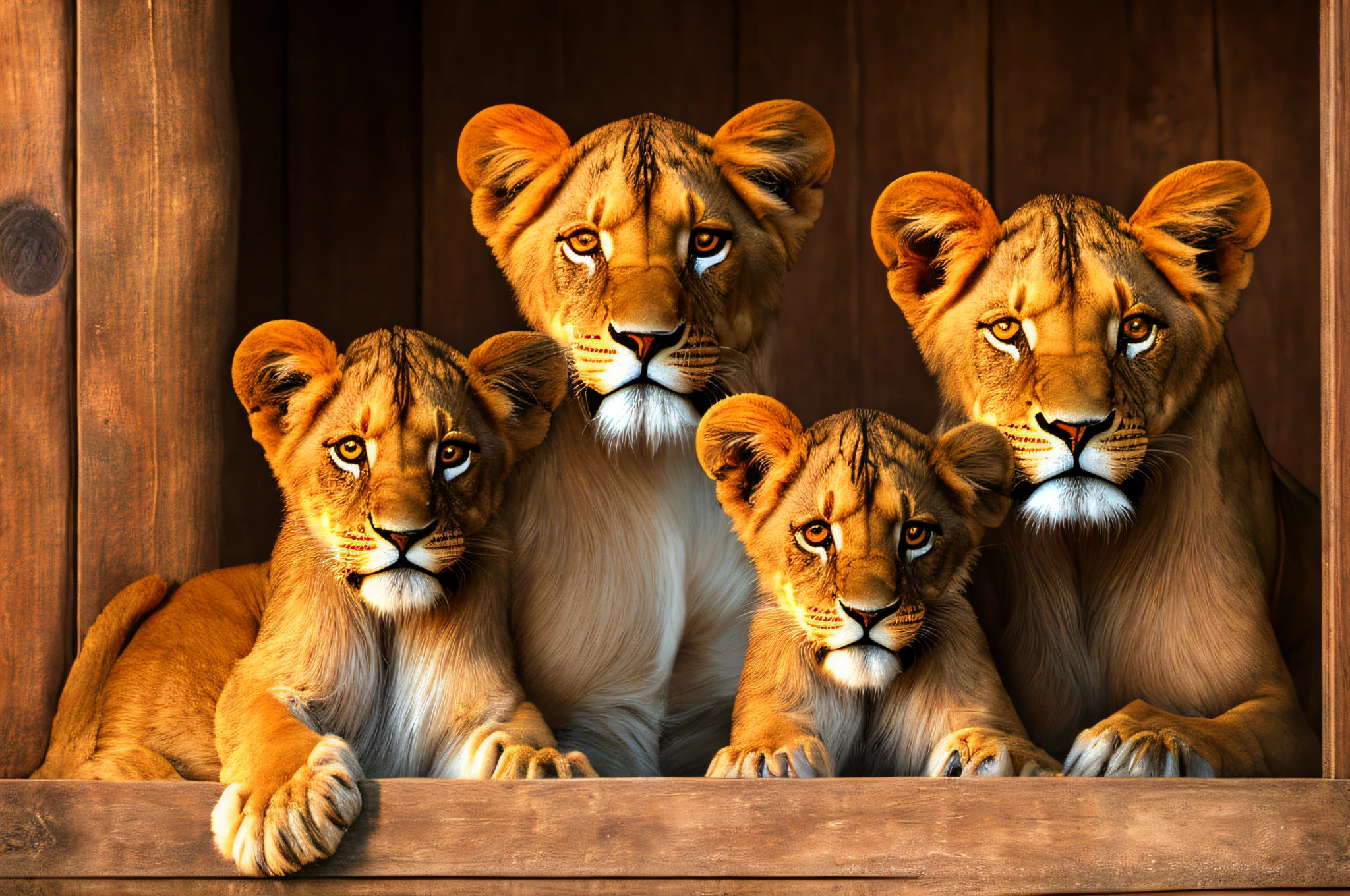 A family of lions and their cubs A cute lion cub in a comfortable, photoreal wooden basket, photographed using the Sony A7RIII camera, photography