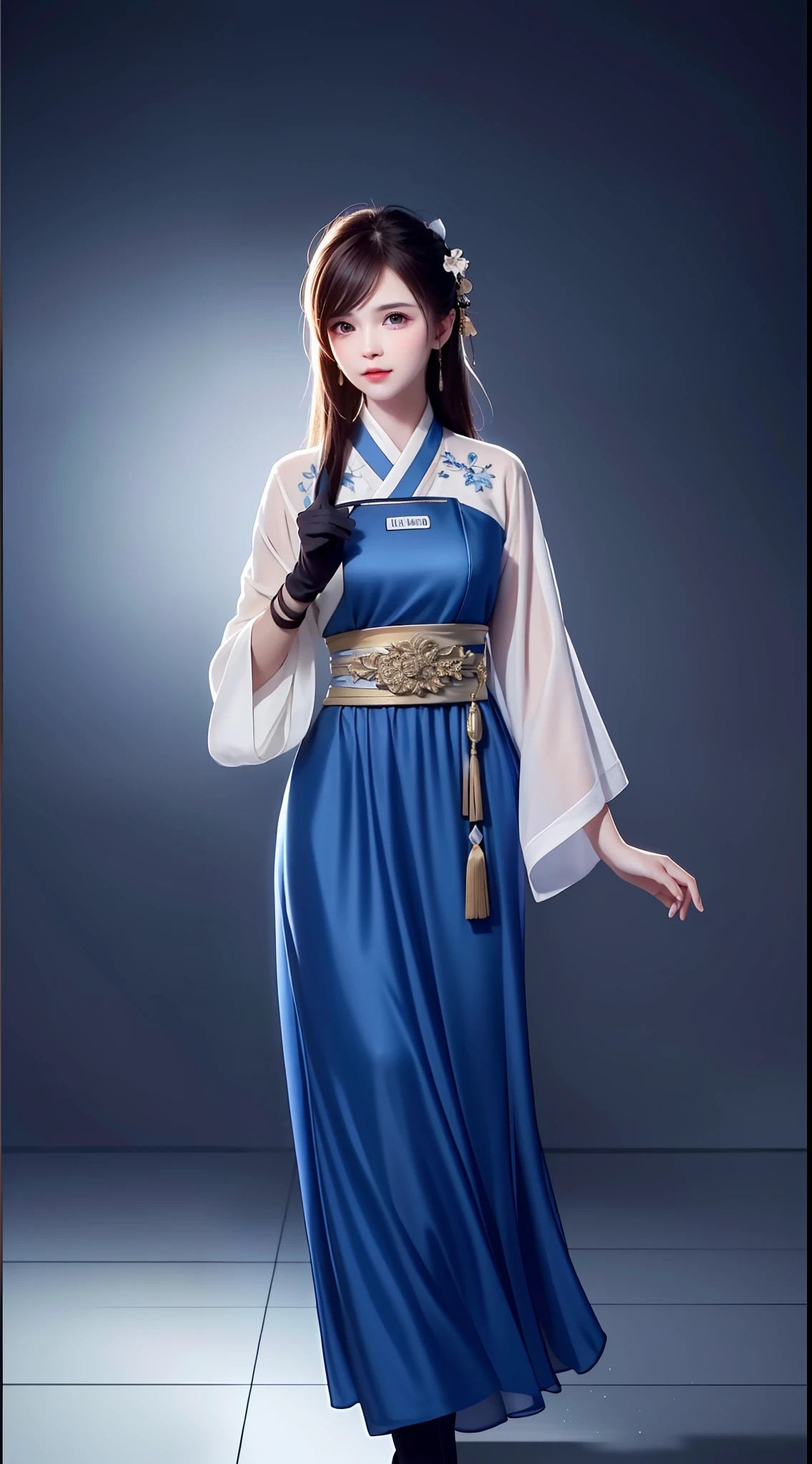 Hanfu, National Style 3.2, Full Body, Walking Posture, Slow Motion, Men Wear Full Body Multi-layered (Heavy Robe: 1.2), (Blue Ice Flower Long Dress: 1.2), Gloves, (Very Detailed, Bloom: 1.5), (Highest Quality, Alessandro Casagrande, Greg Rutkowski, Sally Mann, Concept Art, 4k), (Analog: 1.2), (High Definition), (Detail Pupil: 1.1), (Painting: 1.1), (Digital Painting: 1.1), Detailed Face and Eyes, Masterpiece, Best Quality, (Highly Detailed Photo: 1.1), 8K, Realistic, (Ice Hair Color, Dynamic Hairstyle), (pureerosface_v1:0.1), Jeremy Mann, Sandra Chevrier, Maciej Kuciara, Sharp, (torn body: 1.1), realistic, realistic shadows, (ice background: 1.2), (Michelangelo), ohwx style<lora: (style of ohwx) masterpiece, best quality, (extremely detailed CG unity 8k wallpaper, masterpiece, best quality, ultra-detailed, best shadow), (detailed background), (beautiful detailed face, beautiful detailed eyes), High contrast, (best illumination, an extremely delicate and beautiful), (girl:1.5), ((Not relevant)), ((caustic)), dynamic angle, beautiful detailed glow, (portrait:0.2),dynamic angle, beautiful detailed glow, (portrait:0.2),pigtail,full body,