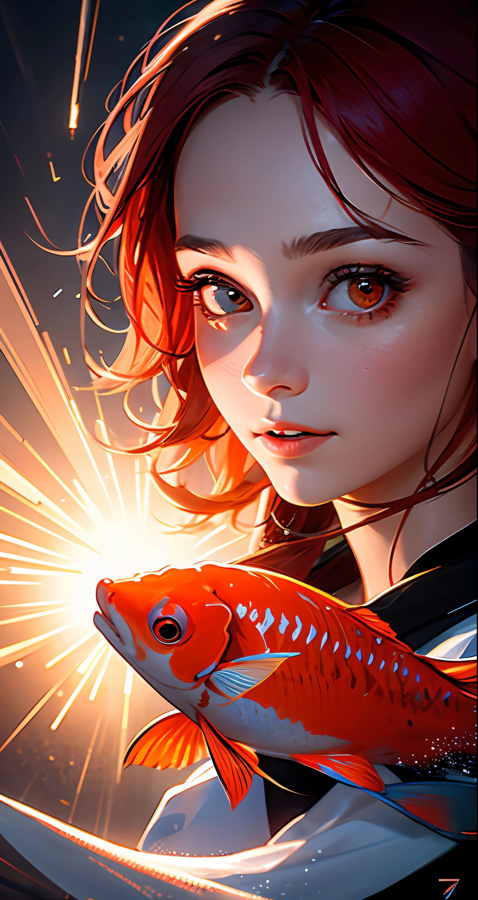 masterpiece, best quality, still film, in the sky, close-up, bright, happy, soft and warm lighting, sunset (sparks: 0.7), realistic photography, mid-shot face of a long curly eight-year-old girl messy red hair, her eyes are sweet and vibrant ((with round red lenses)), her face is symmetrical, silky peach skin,  koi fish flying around its soft torch shine on its face by REMBRADT, Adobe Illustration, Trends in Artstation, 8K, hd, cinematics, masterpiece, gorgeous art, best quality